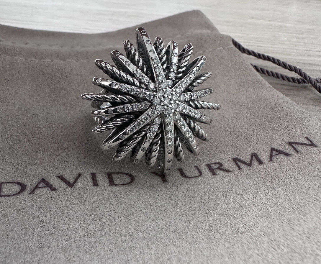 DAVID YURMAN Sterling Silver Large 34MM STARBURST Pave Diamonds Ring Sz 7.5