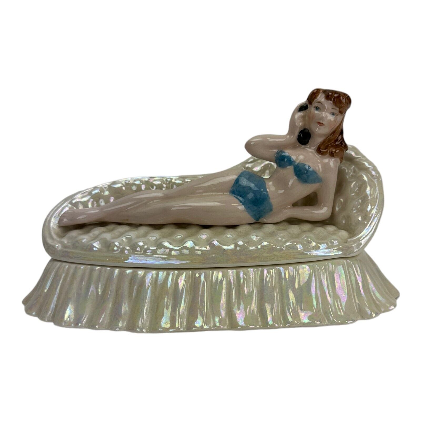 1952 Pinup Girl on Loveseat Figurine Jewelry / Trinket Porcelain Case.  RARE