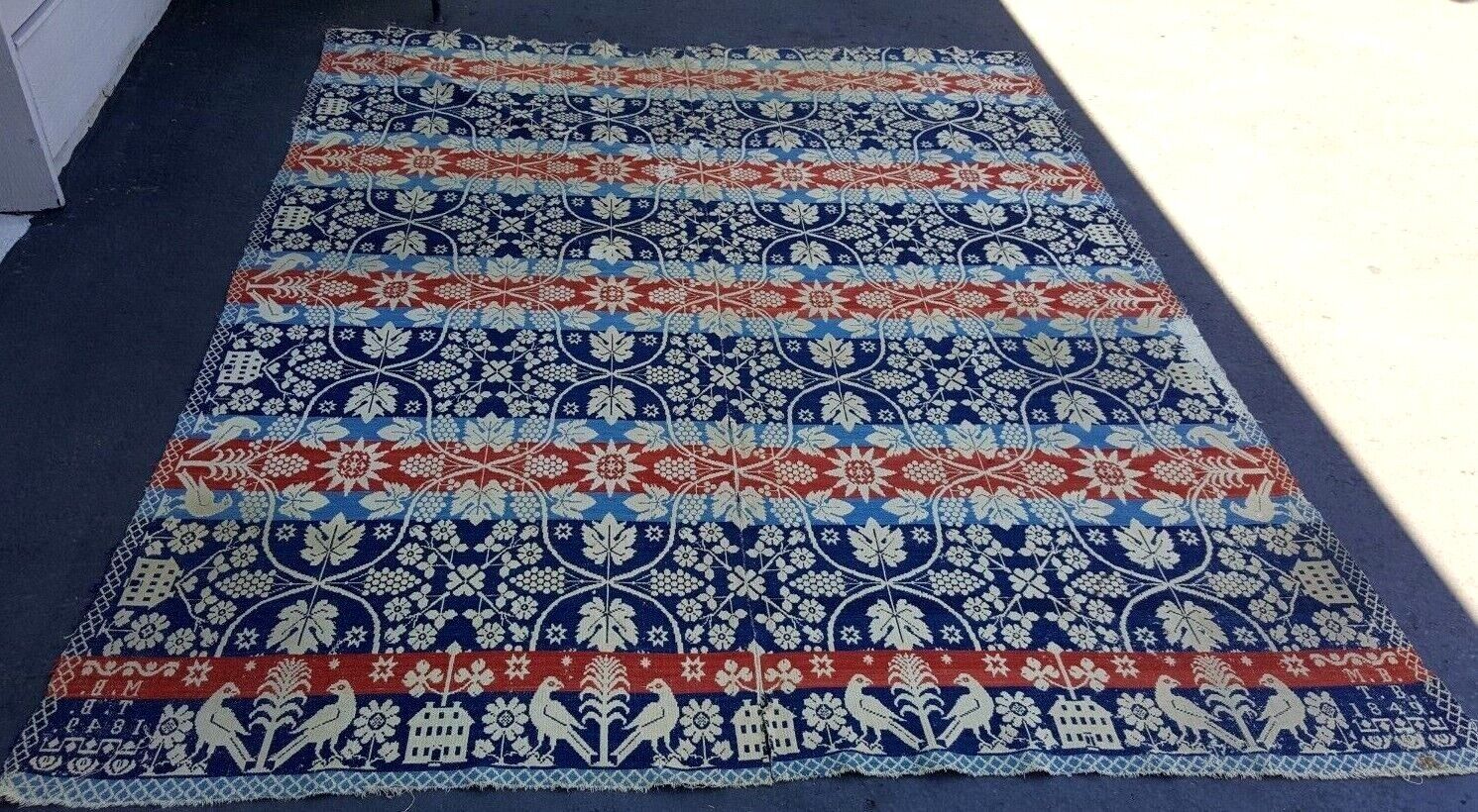 Antique 1849 handwoven coverlet bedspread signed M.B. T.B. 71x89\