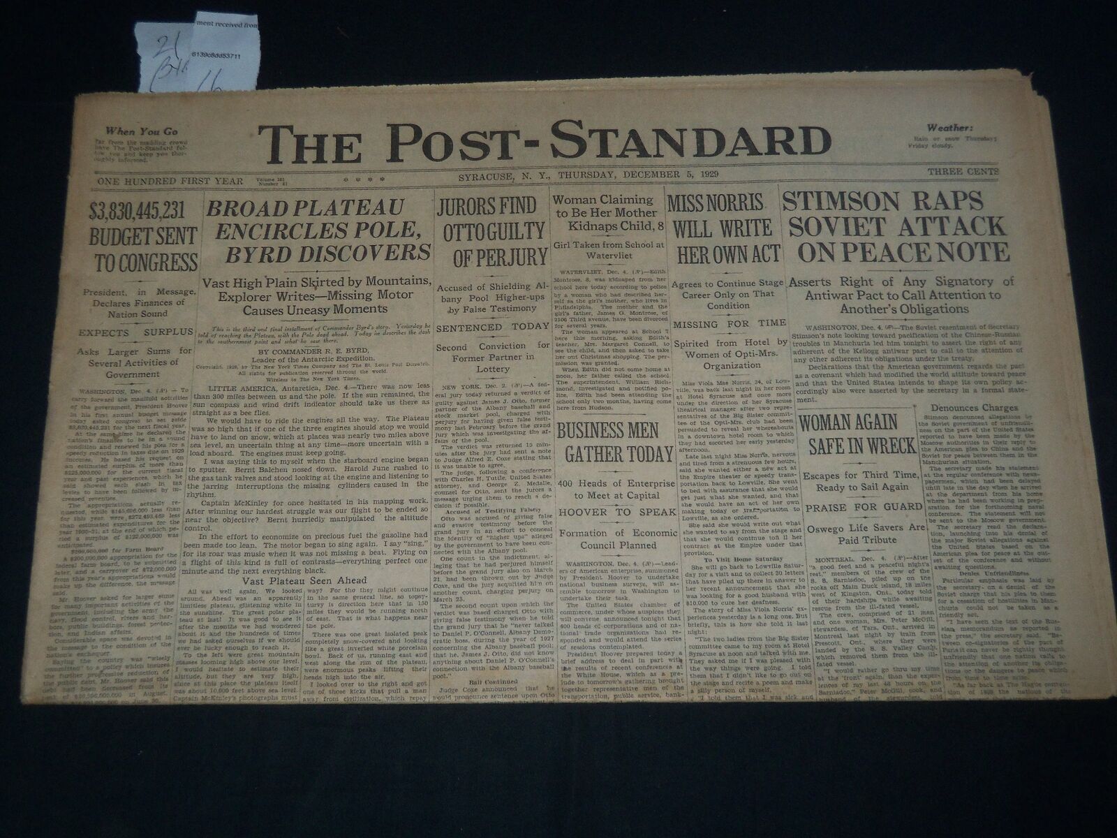 1929 DEC 5 THE POST-STANDARD - SYRACUSE - BYRD DISCOVERS BROAD PLATEAU - NP 3768