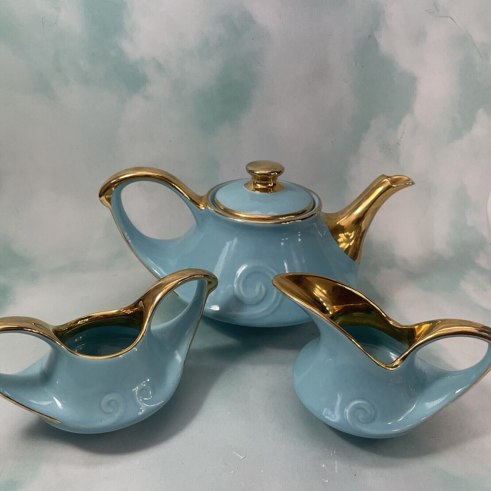 1930 Pearl China Art Deco 22kt Gilded Teapot Sugar Creamer Set Blue VINTAGE EXC