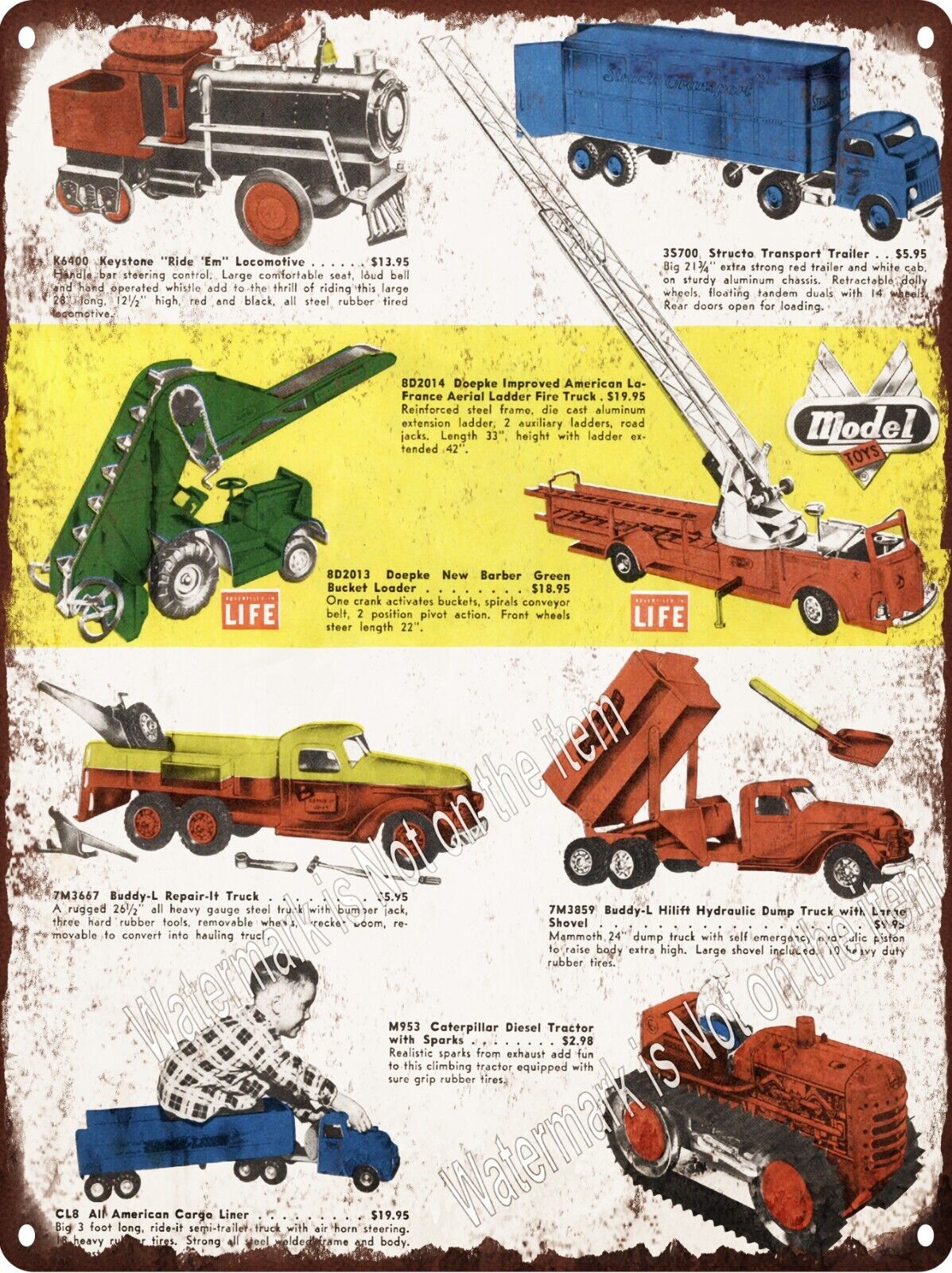 1950s Doepke Model Buddy L Toy Trucks Caterpillar Tractor Metal Sign 9x12\
