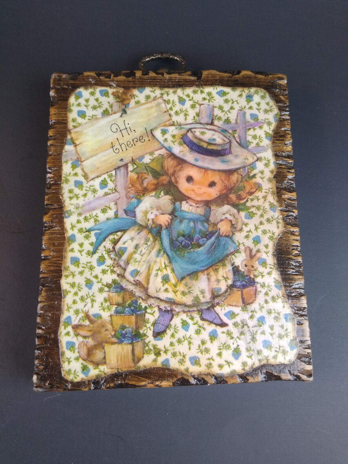 Vintage Shellac Wood Wall Picture Plaque Cute Girl Bunny Rabbits Hi There Kitcsh
