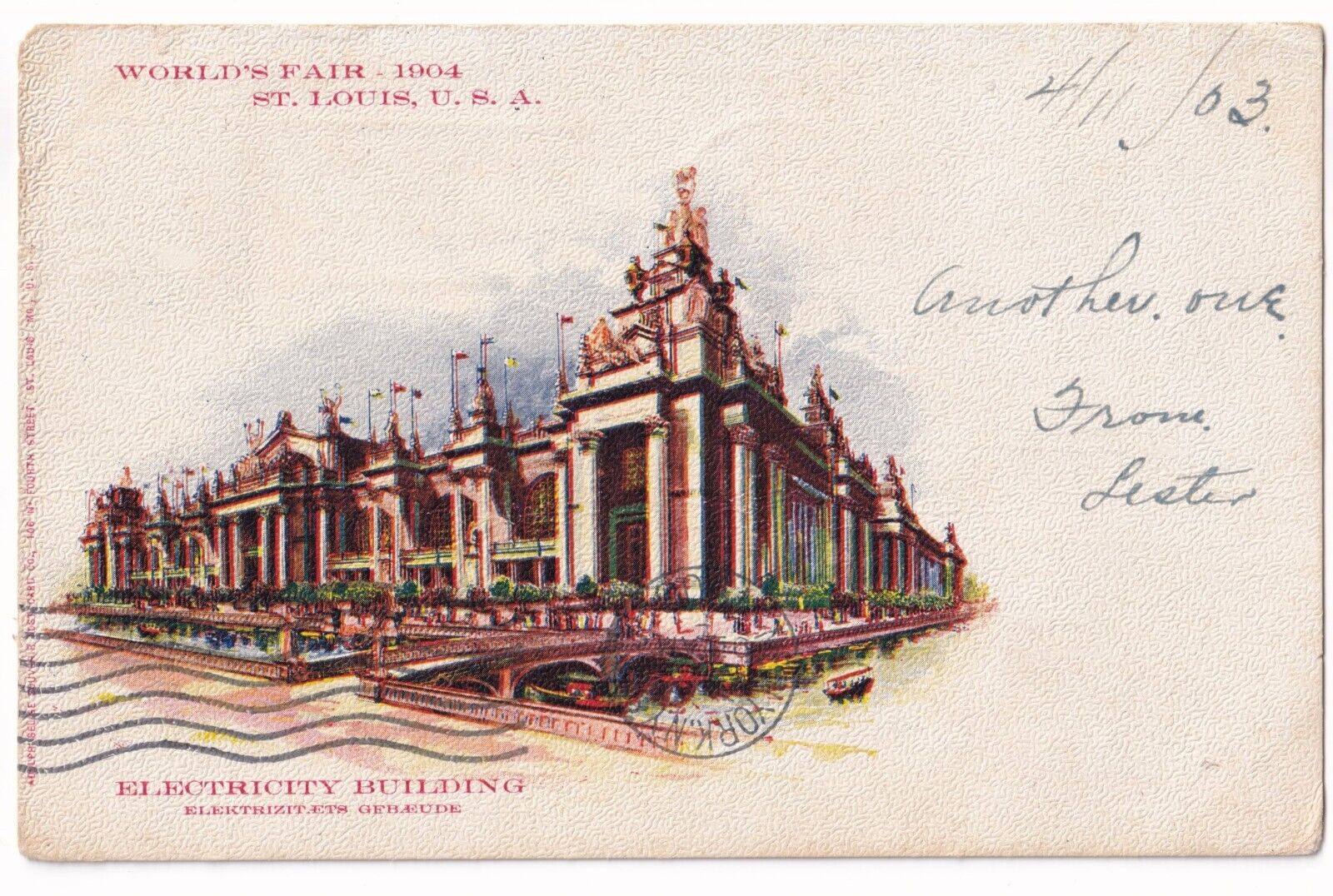 Post Card World\'s Fair 1904 St. Louis Electricity Building posted 1903