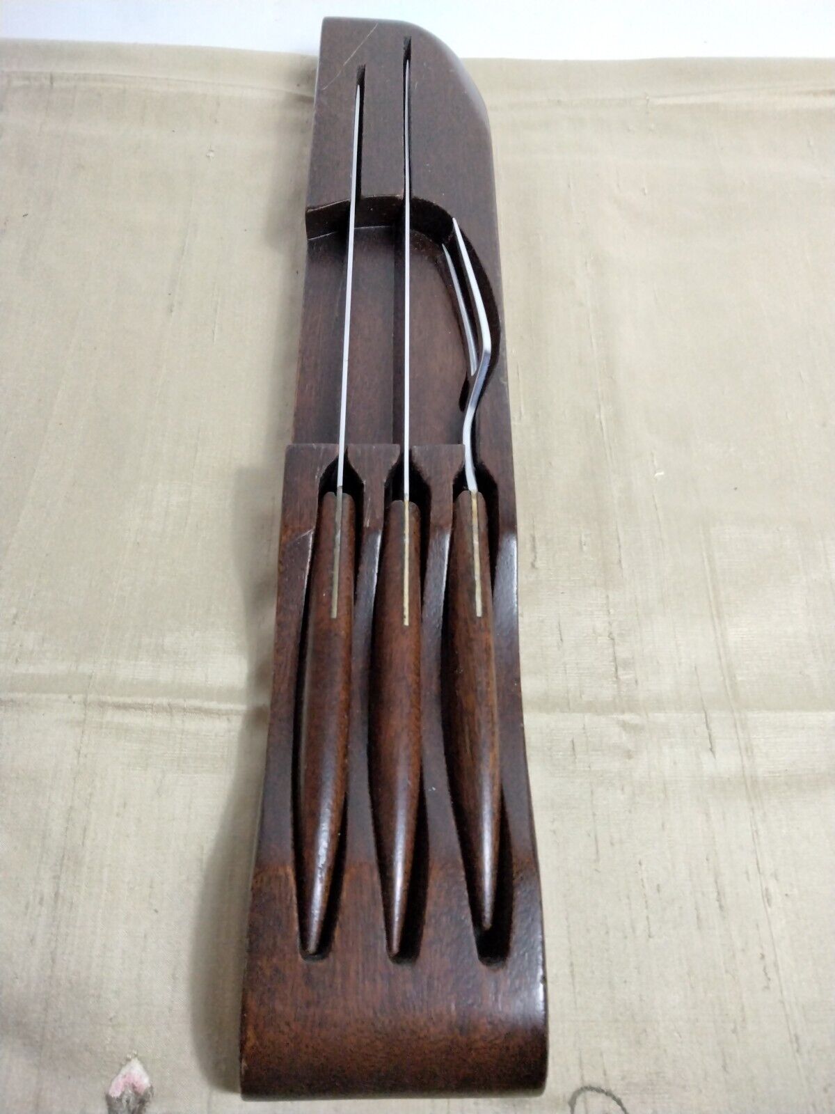 Scarce MCM Kinfolks Case Knives 3 Pc Carving Set w Wood Holder/Sharpener
