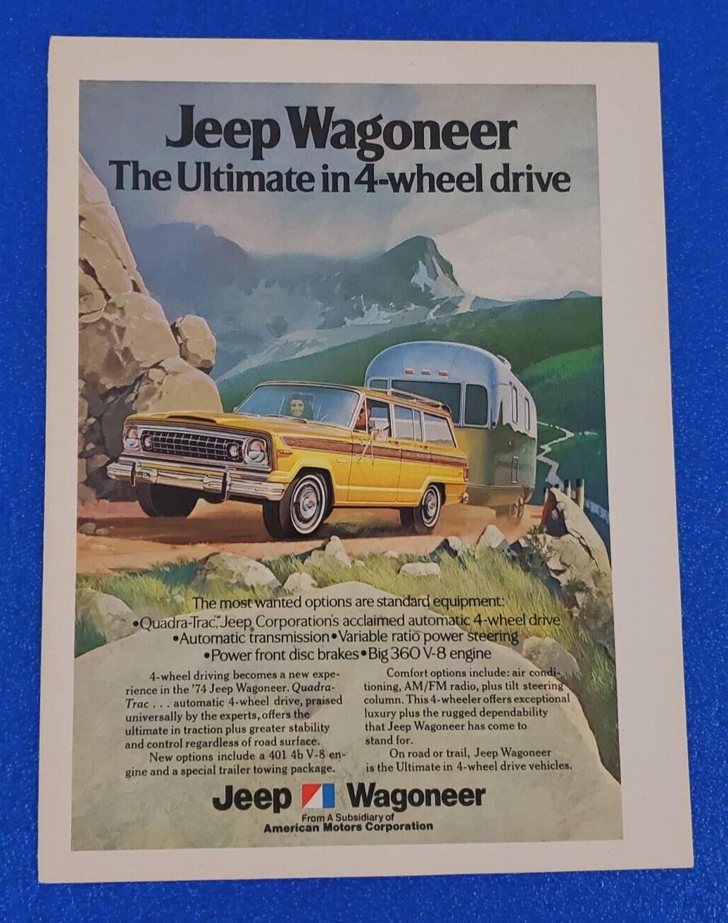 1974 JEEP WAGONEER 4-WHEEL DRIVE ORIGINAL COLOR PRINT AD ULTIMATE 4-WHEEL DRIVE