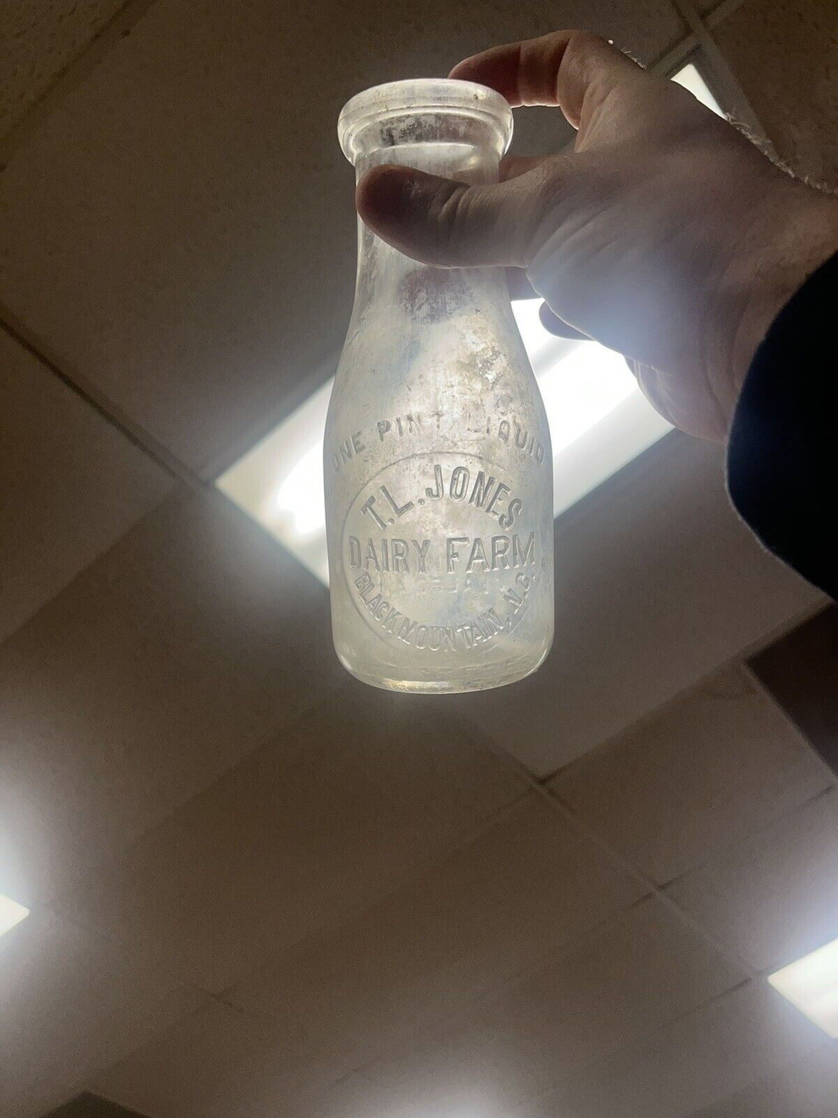 T.L. Jones Dairy Milk Bottle Embossed Pint Black Mountain NC North Carolina