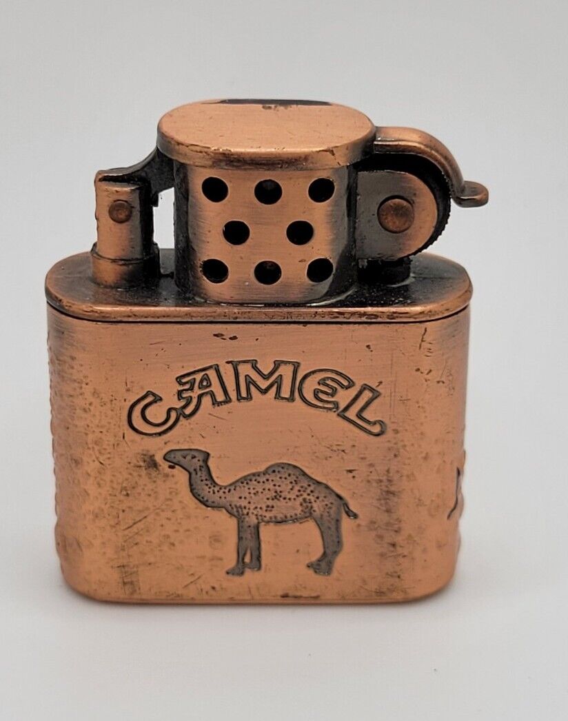 Vintage CAMEL Cigarettes Brushed Copper Finish Lift Arm Fluid Tank Lighter