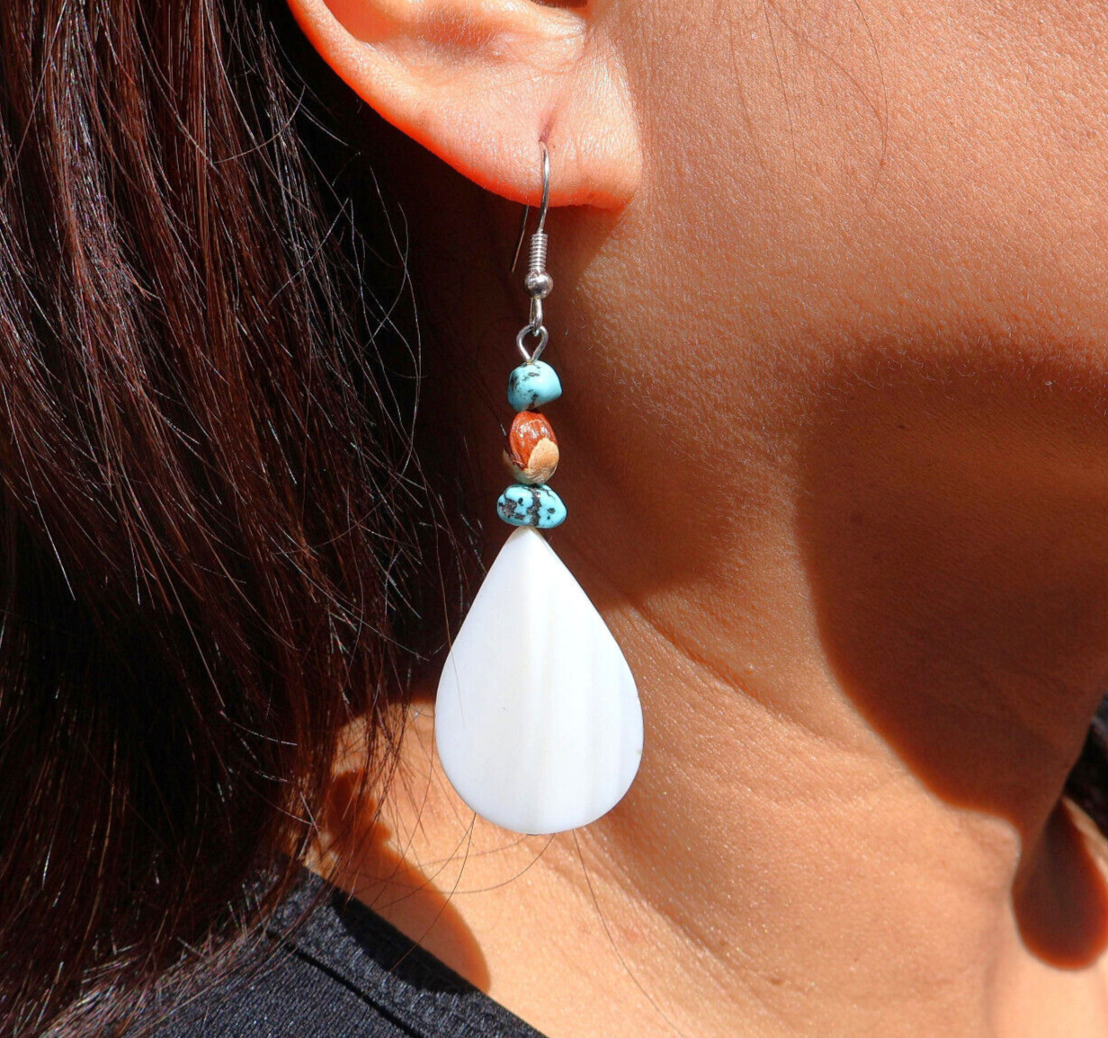 Handcrafted Navajo Sleeping Beauty Turquoise and Mother of Pearl Dangle Earrings