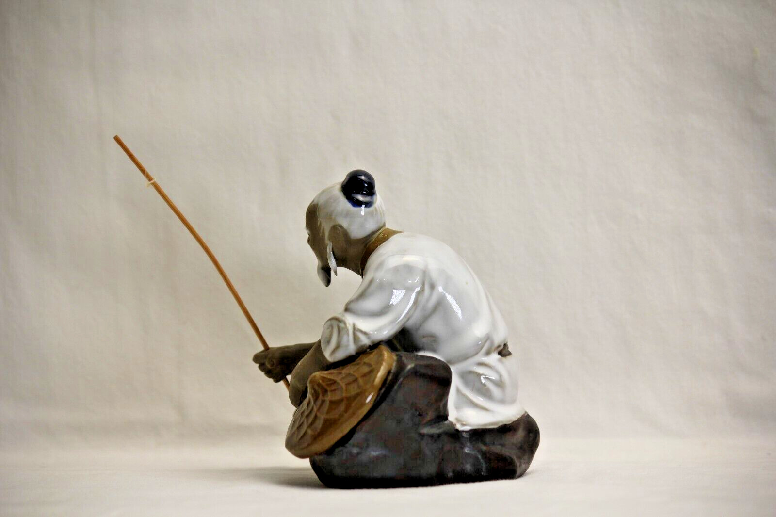  Chinese Ceramic Mudman Figurine Holding Fishing Pole Vintage