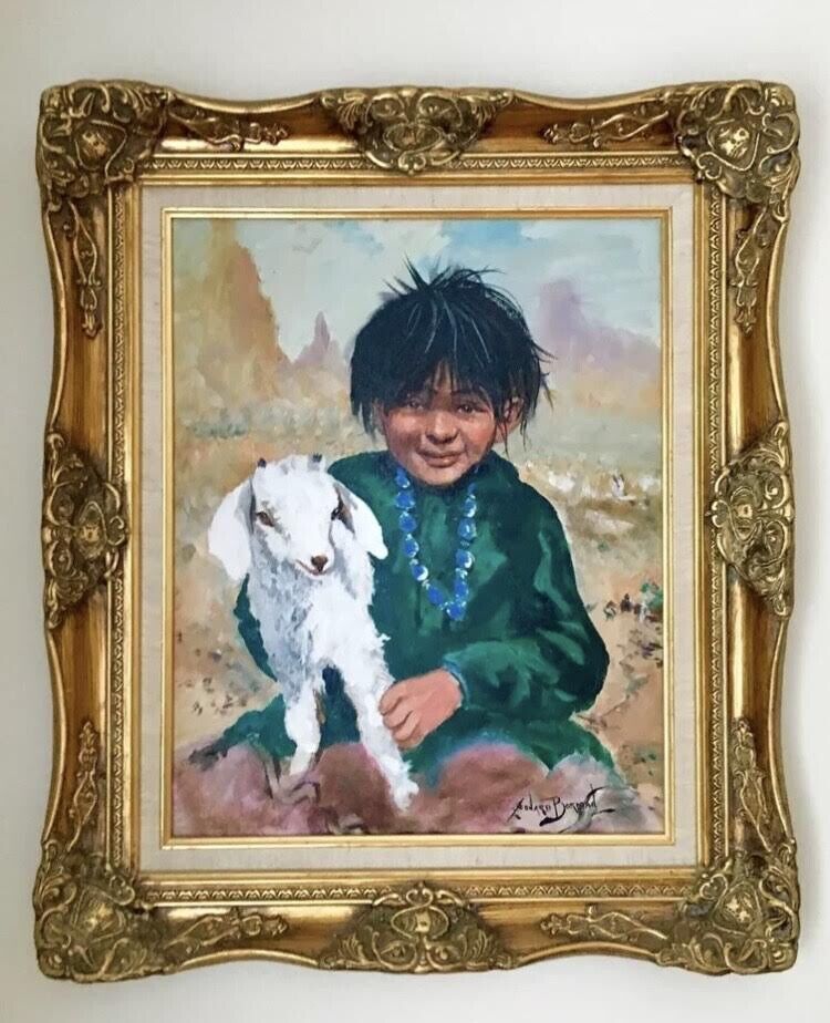Leonard Borman Native American Navajo “Girl with a goat” large painting +2 small