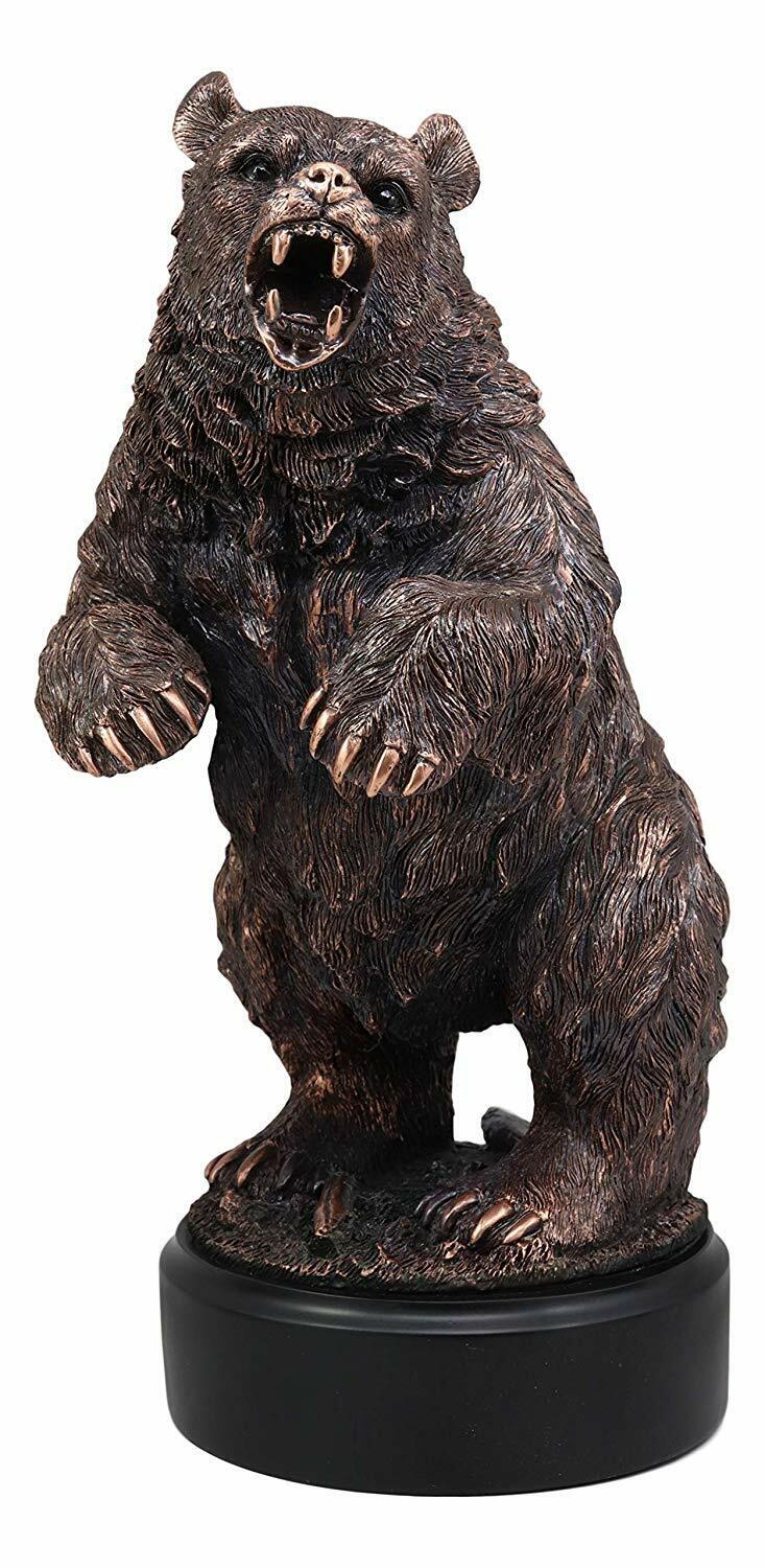 North American Standing Black Bear Roaring Decor Statue With Round Trophy Base