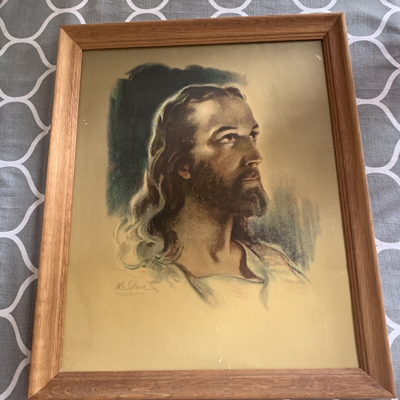 W.E. Sallman 1935 Print Of Jesus Christ 10x13 Wood Frame Auburn U.S.A.
