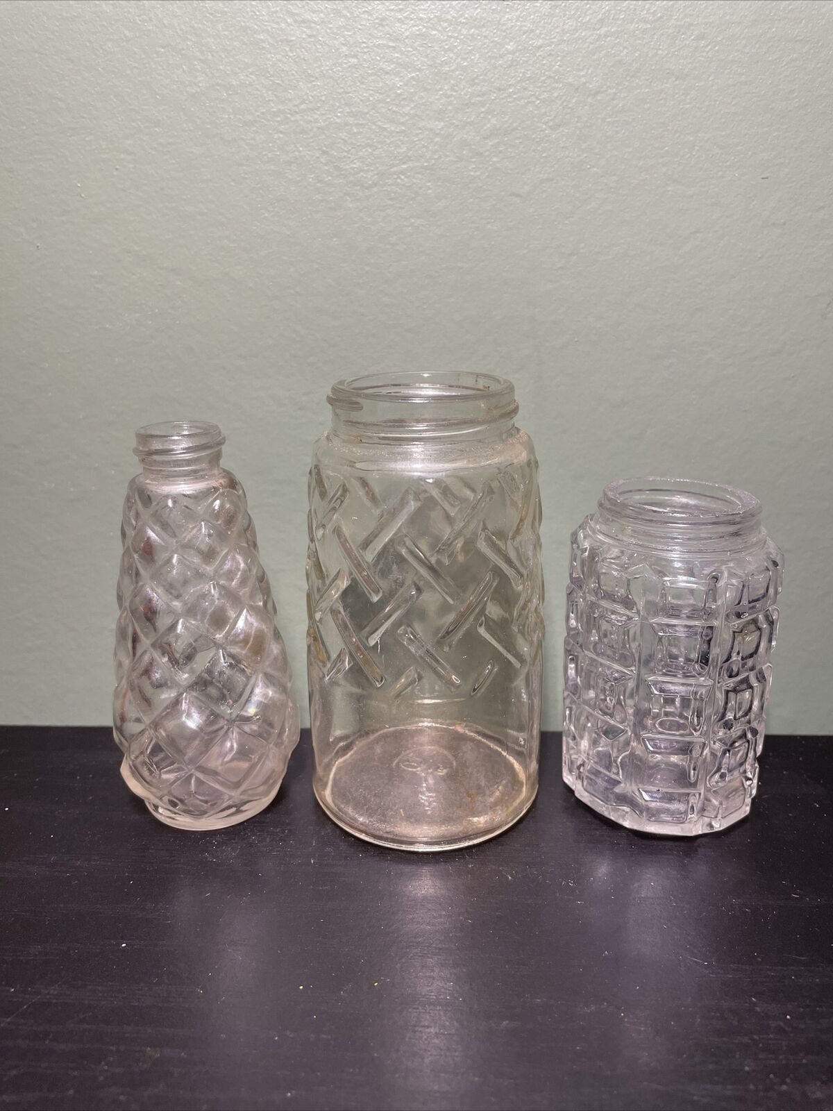 Lot Of Three Mid Century Embossed Textured Patterned Glass Jars/bottles