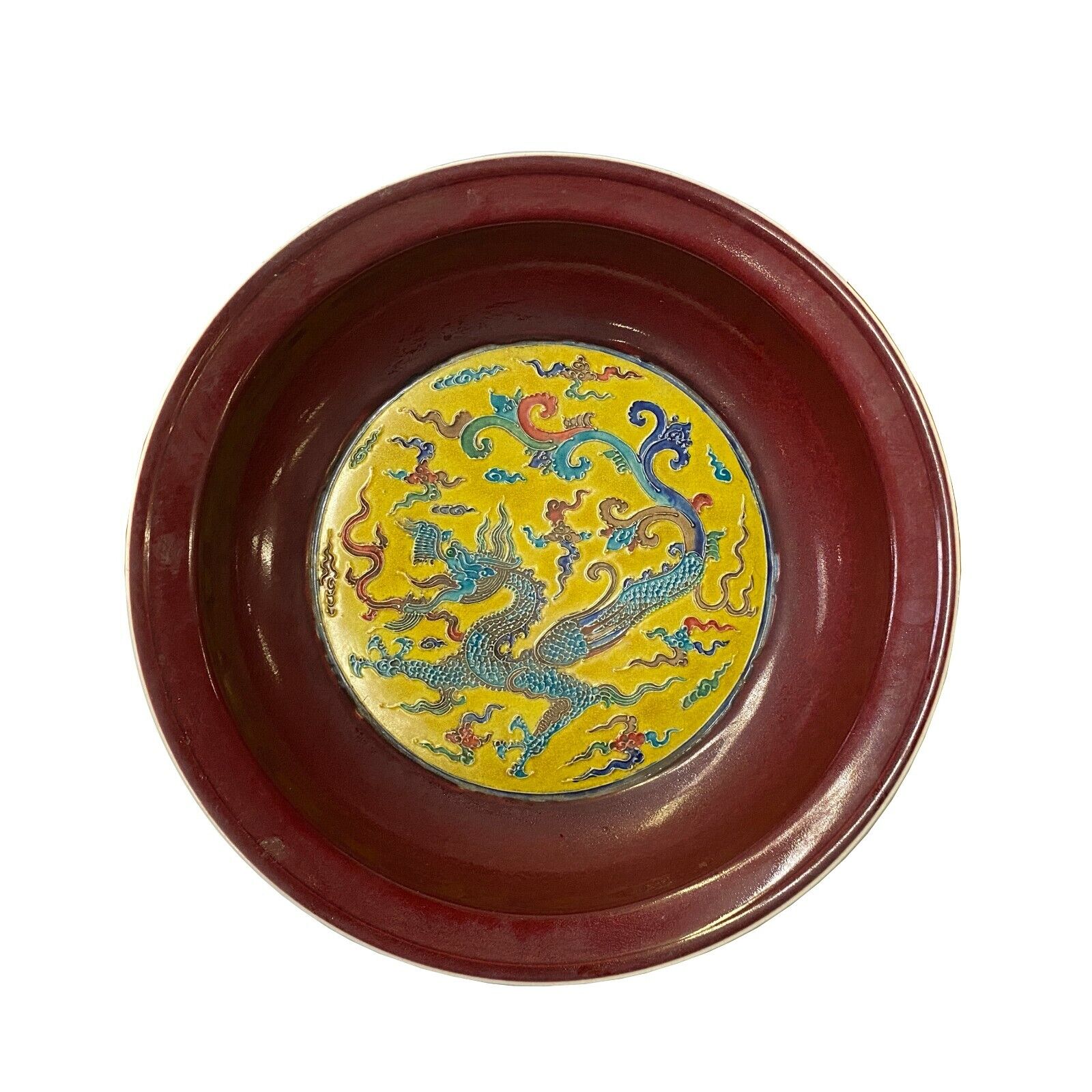 Chinese OxBlood Red Yellow Dragon Fengshui Porcelain Plate ws1929