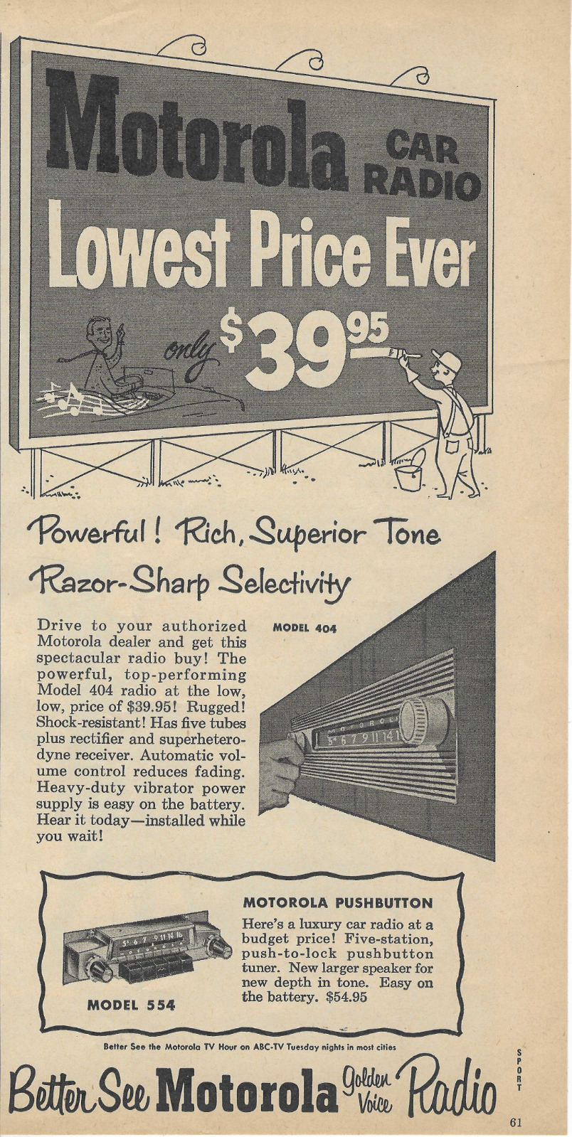 Vintage Print Ad Motorola Car Radion Lowest Price Ever $39.95 Pushbutton 1954