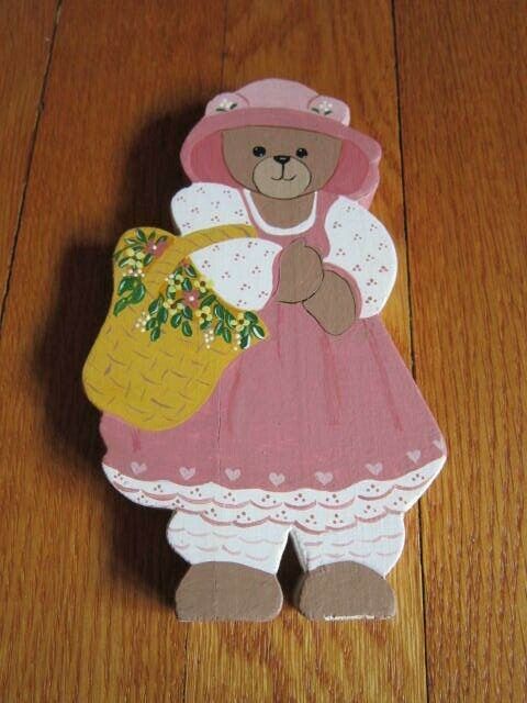 Wood Teddy Bear Decor Pink Dress Basket of Flowers Figurine Decoration Country