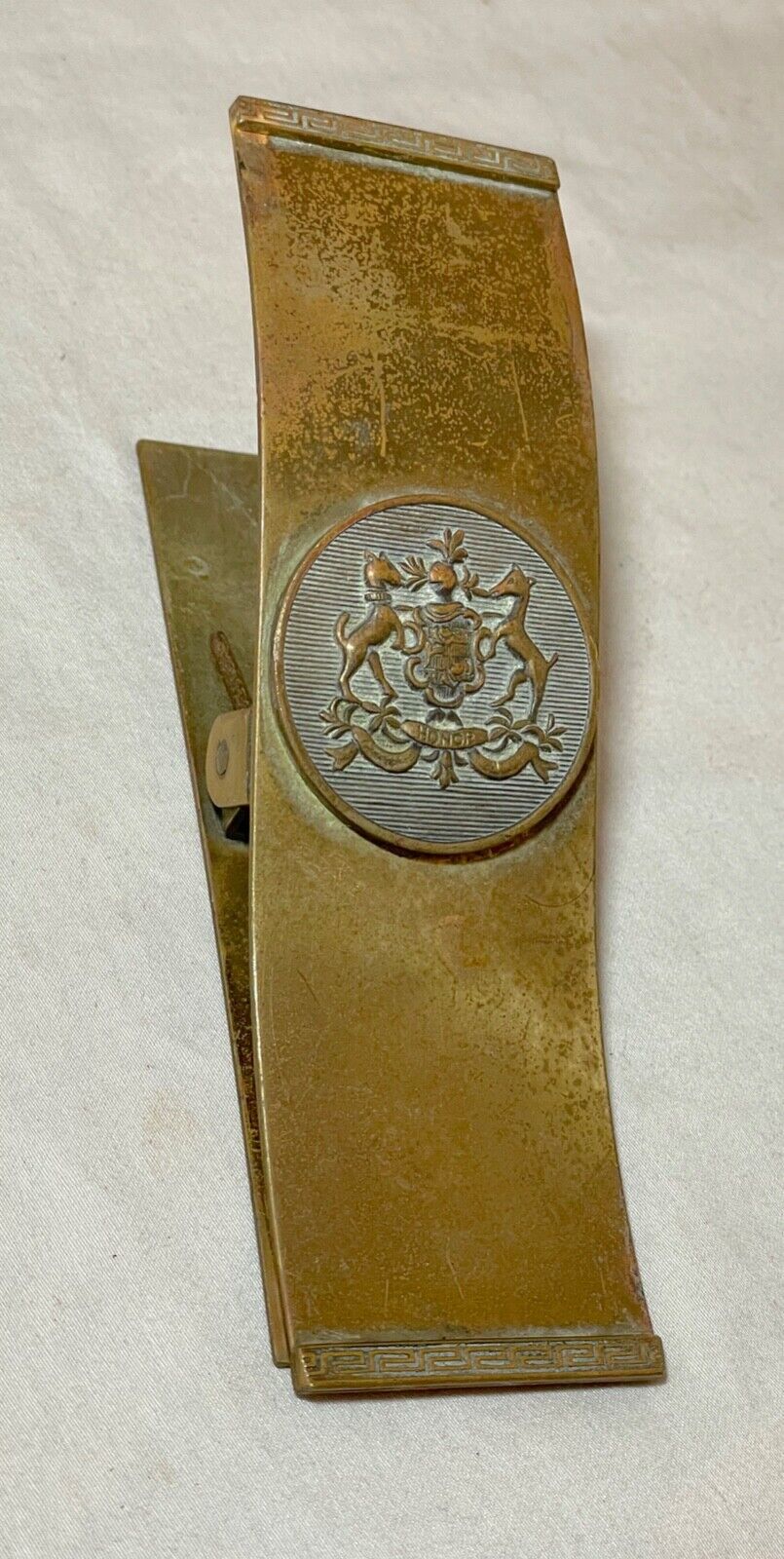 antique 19th century gilt thick bronze armorial honor letter paper clip holder
