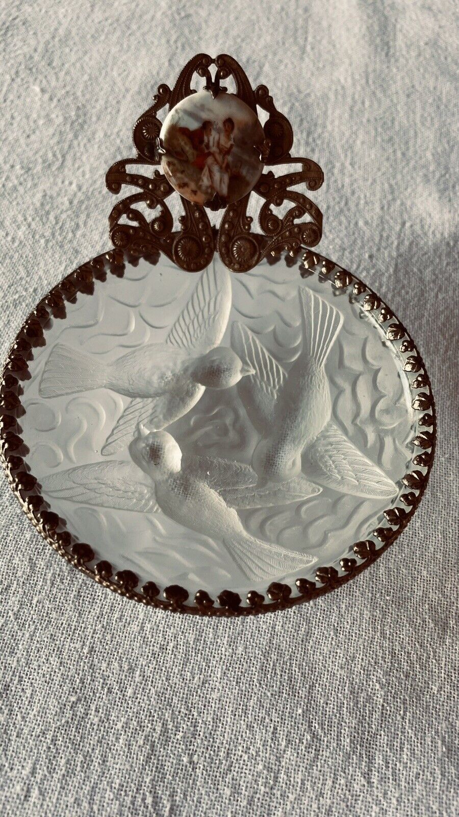 Antique Pin Dish/Czech 3 Birds Glass Bowl/ Painted Porcelain Picture/ Brass Trim