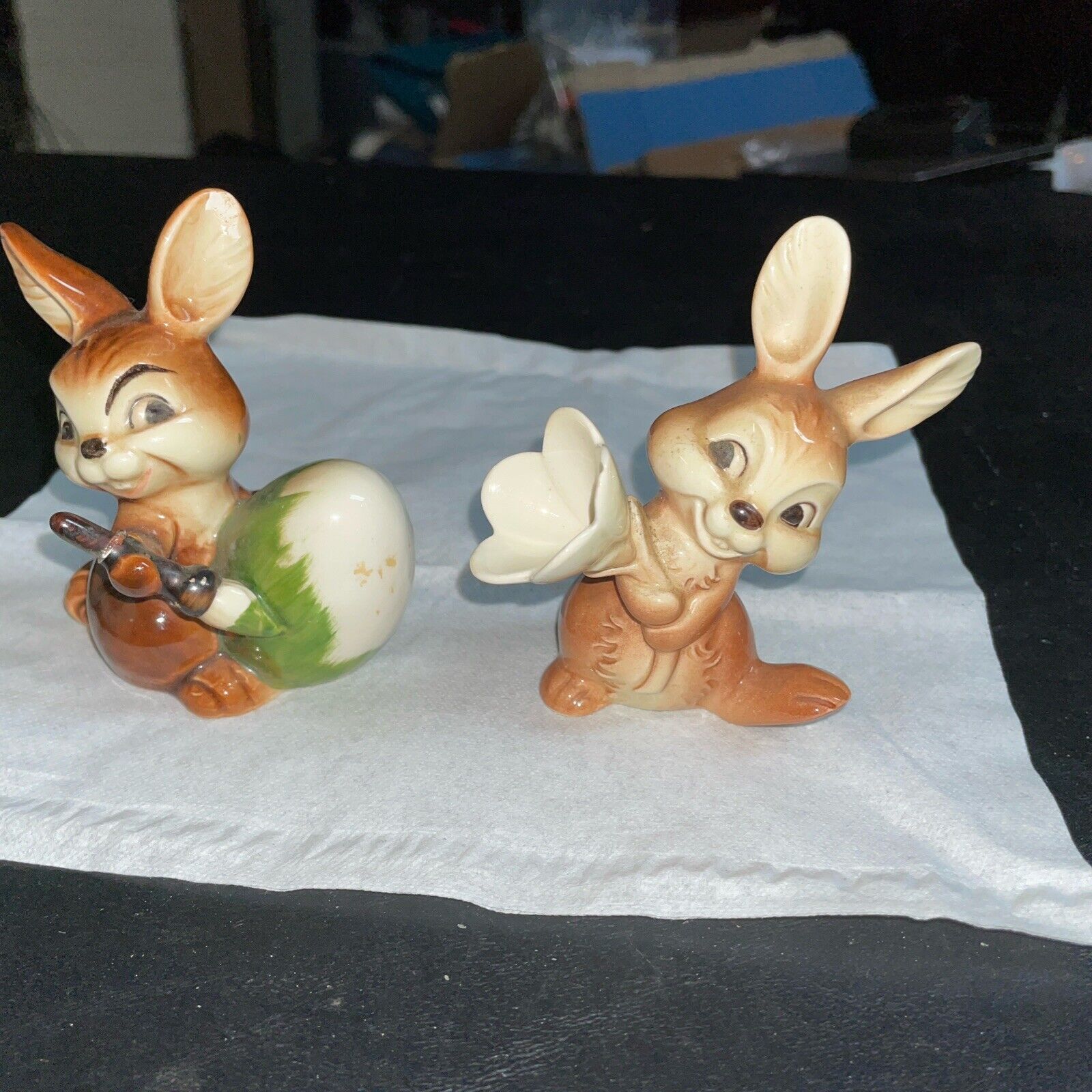 2 Vintage Goebel Easter Bunnies, Painting Egg Figure & Bunny Holding Flower READ