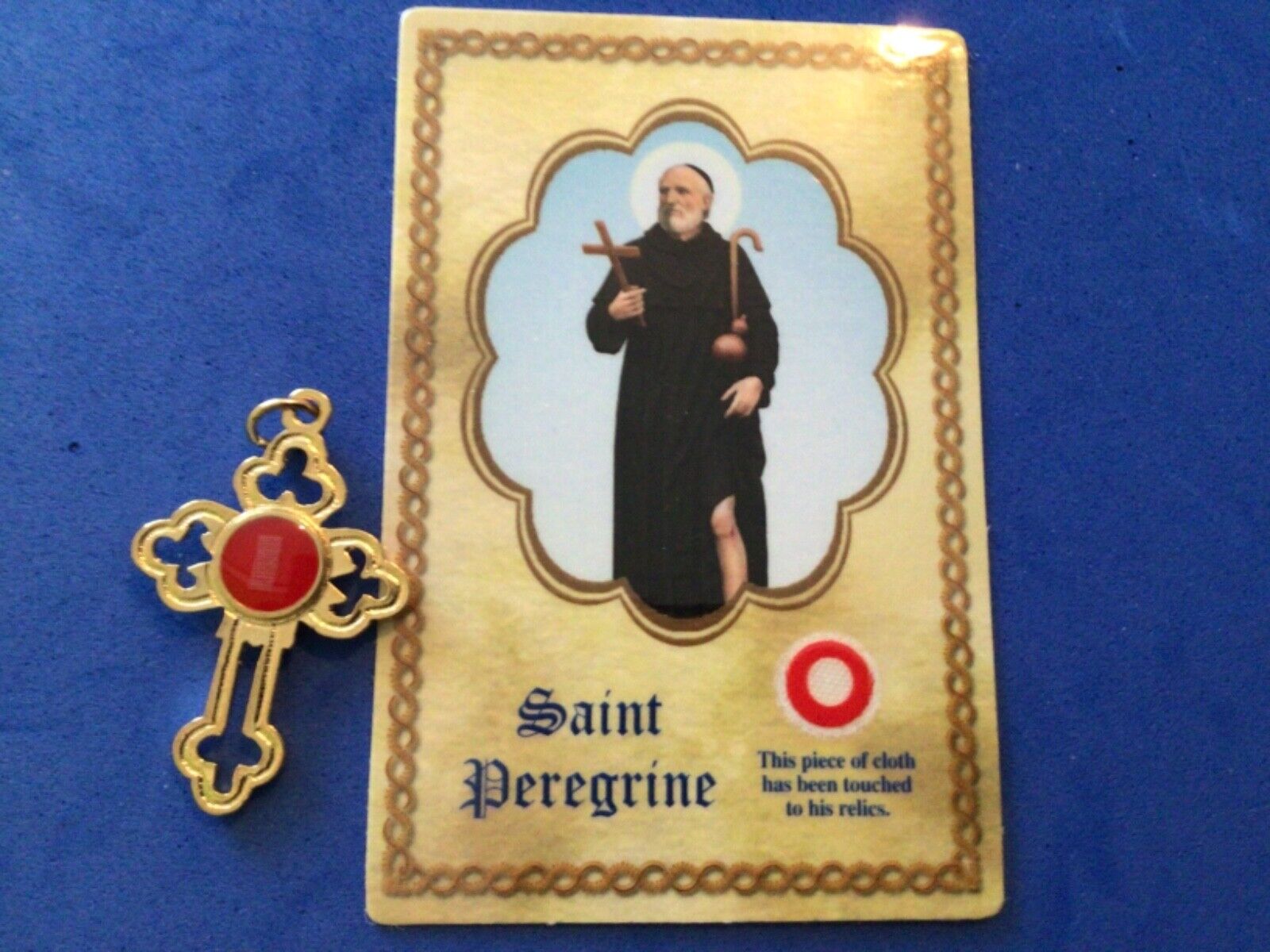 Rare St Peregrine Relic Cross with Relic Card Healing Cancer Gold Plate Italy