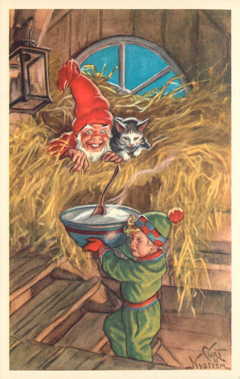 God Yul Swedish Christmas Postcard Curt Nystrom, Boy w/Porridge for Gnome & Cat