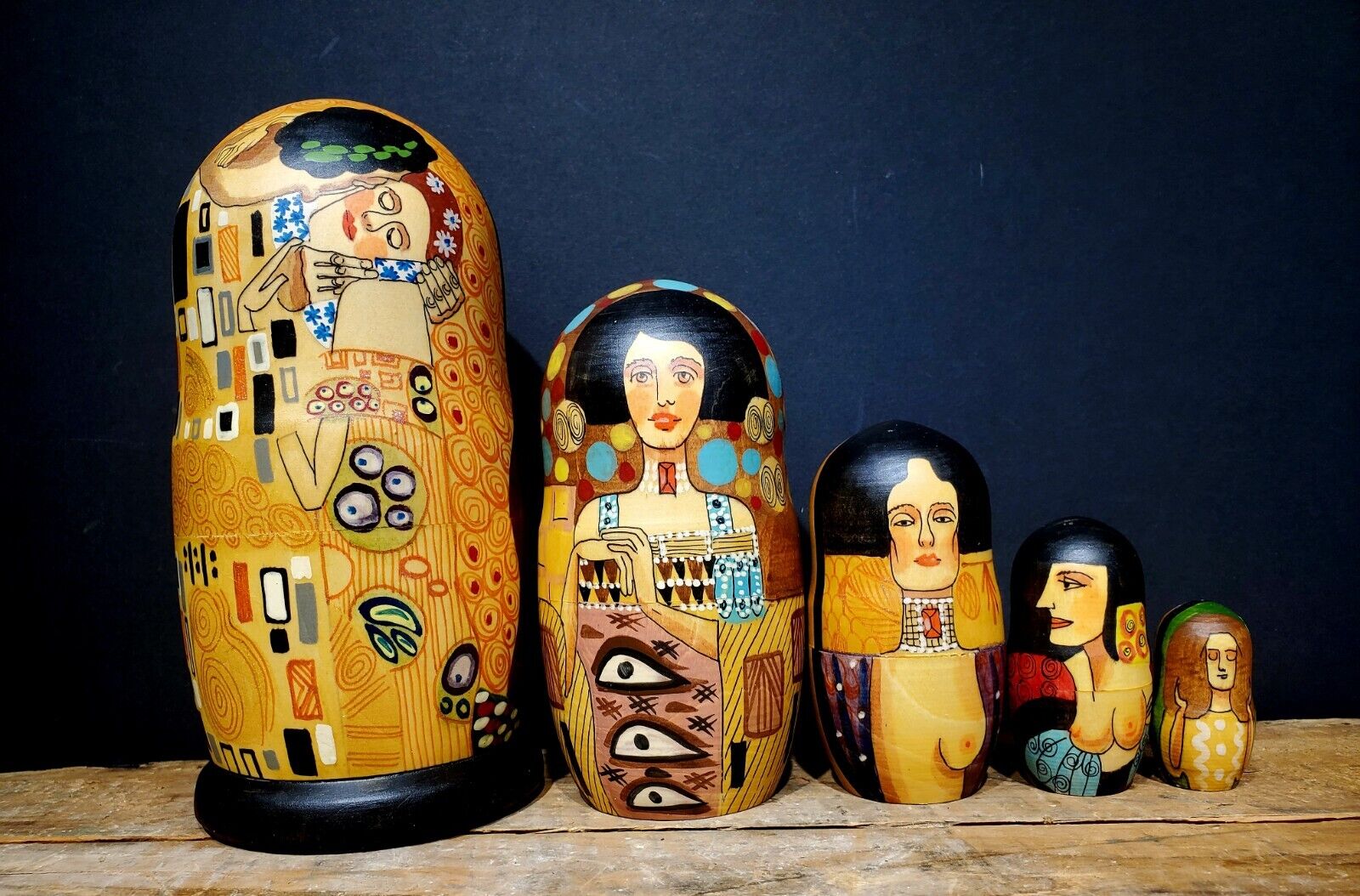 Gustav Klimt Signed Nesting Dolls, 5 Piece  Hand Painted Russian Dolls