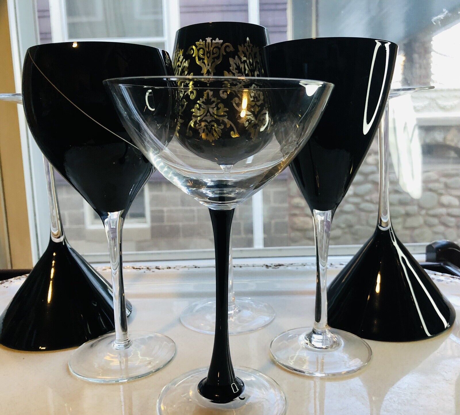 Pier 1 Onyx Black Water Wine Cocktail Glass Curated Damask Goth Set Of 6