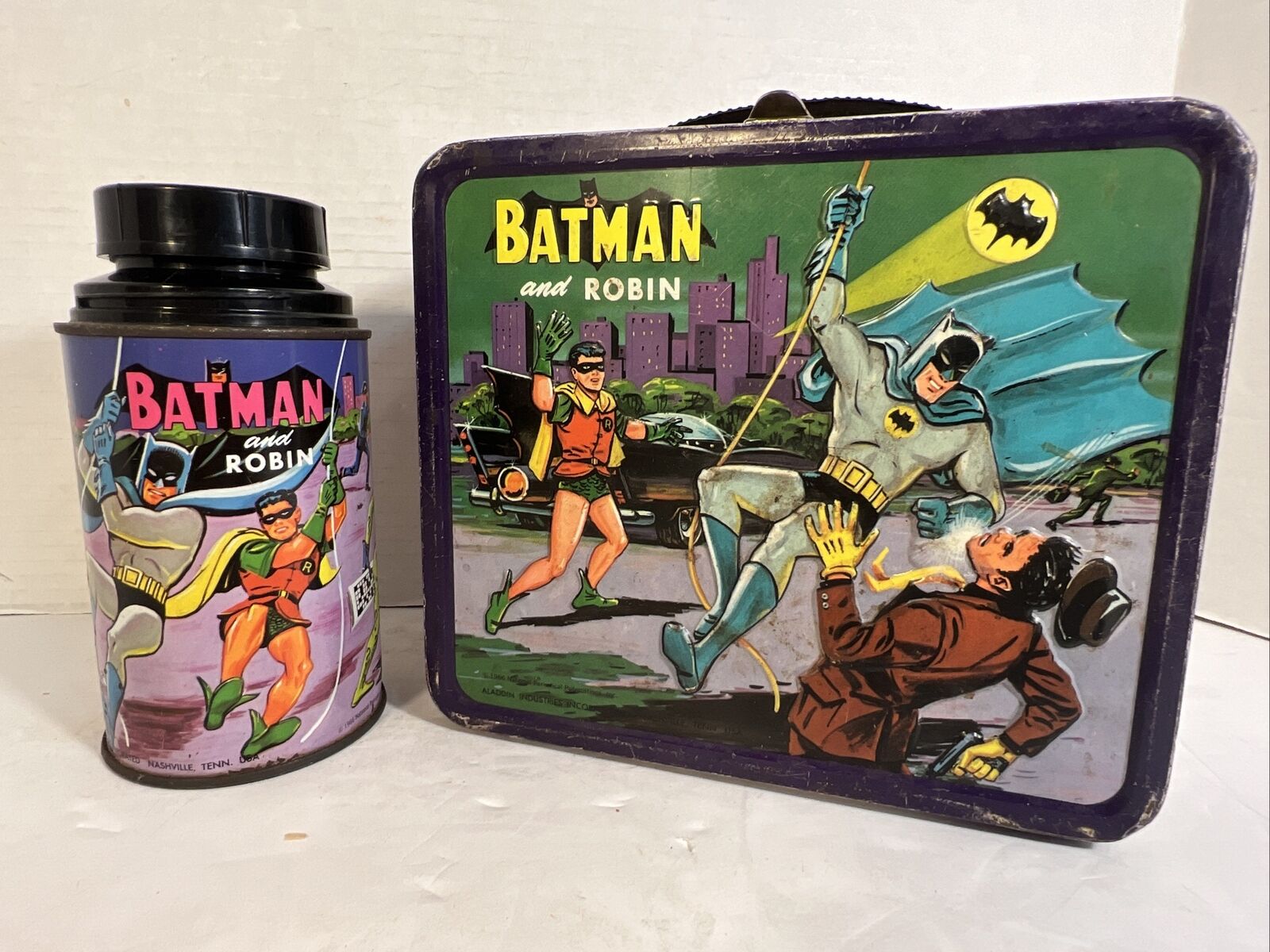 1966 Batman & Robin Metal Lunchbox & Thermos Joker Aladdin Rare Riddler