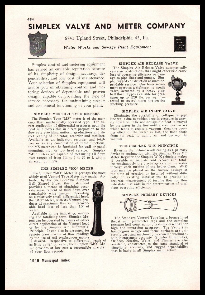 1949 Simplex Valve & Meter Water Sewage  Philadelphia PA Vintage trade print ad
