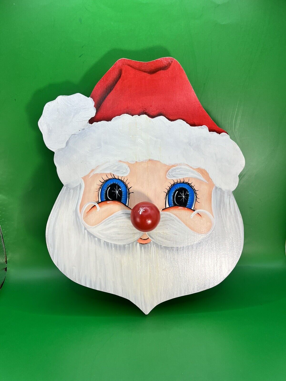 VTG Christmas SANTA CLAUS Hand Painted Wooden Wall Hanging Musical-Signed 11”