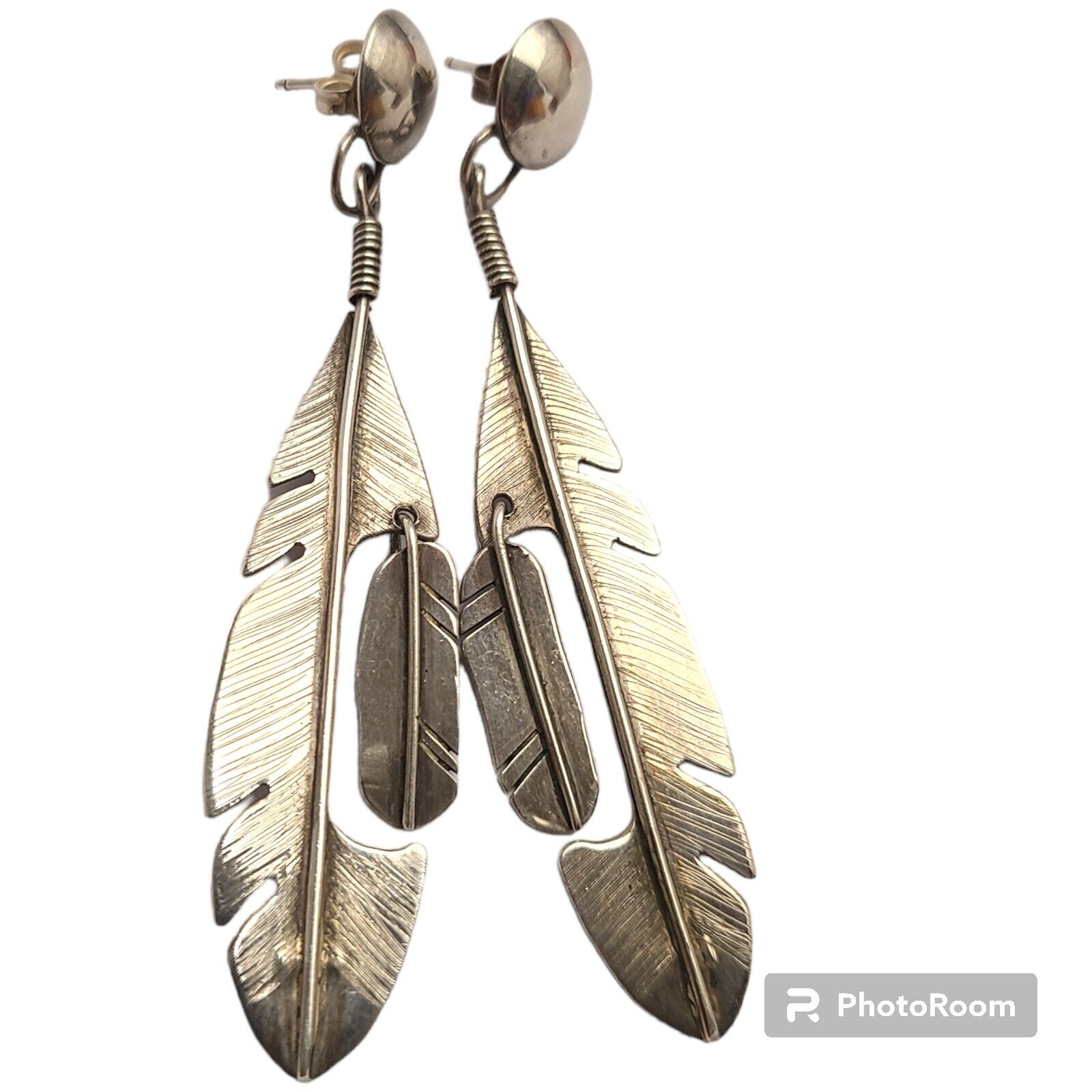 Large EXCEPTIONAL VINTAGE NAVAJO STERLING SILVER FEATHER DANGLE EARRINGS