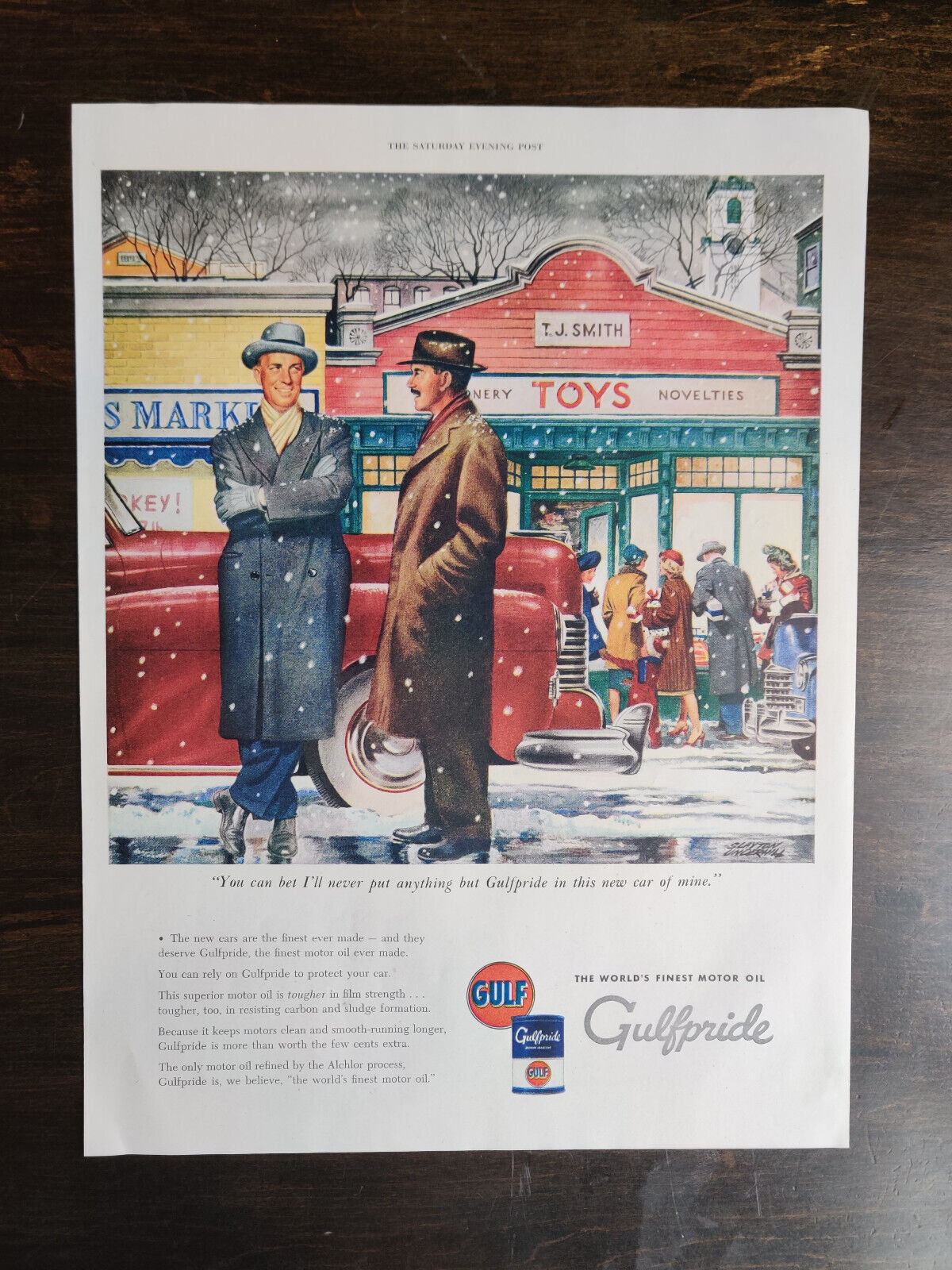 Vintage 1949 Gulf Motor Oil Town Scene Toy Store Art Deco Full Page Original Ad