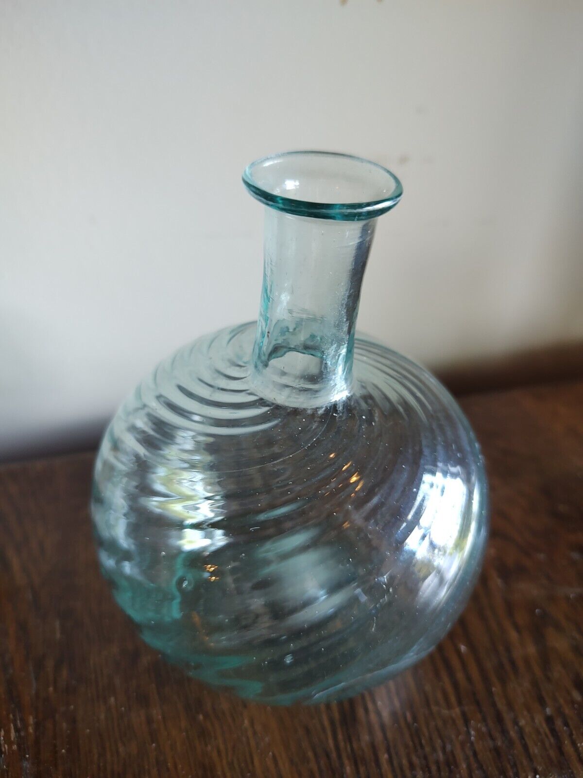 S. Jersey Pattern Molded Swirl Bottle, Pontil, Aqua Glass 5 1/2