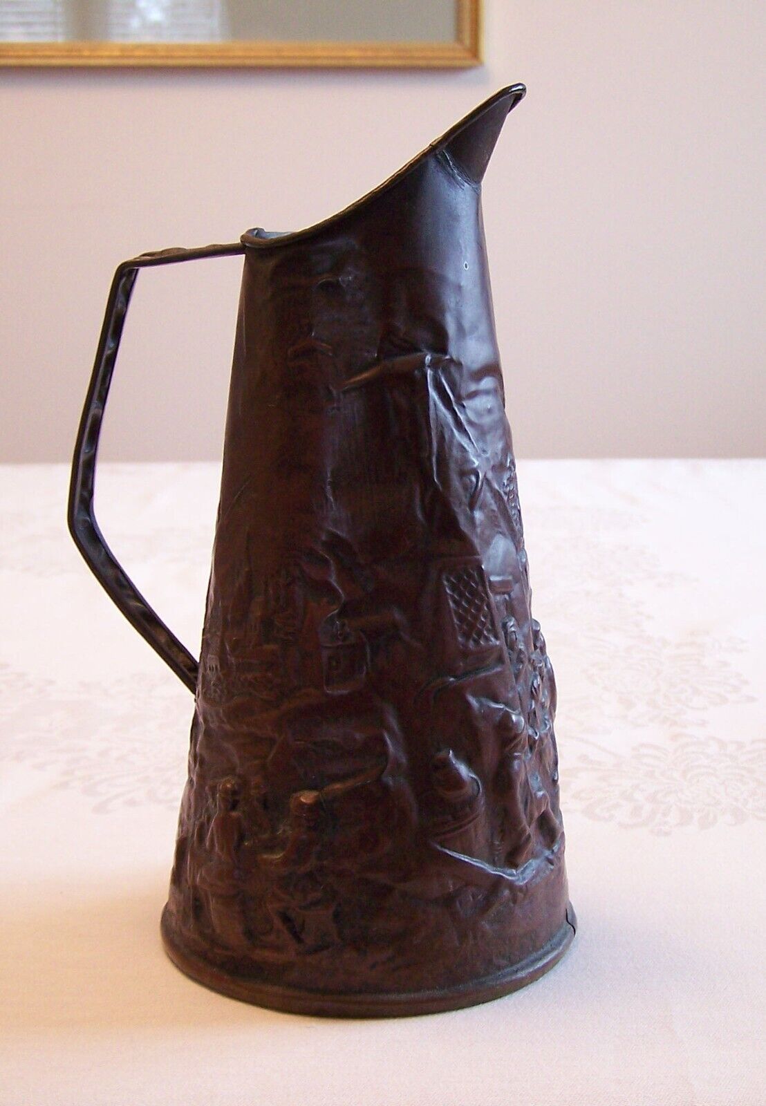 Antique 1800s Repoussé Copper Beer-Tavern Pitcher Scottish Beer-Drinking Scenes