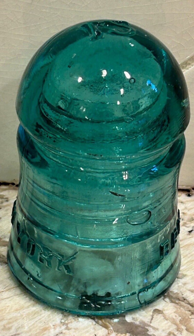 vtg Brookfield New York glass INSULATOR antique crystal pony aqua blue green NY