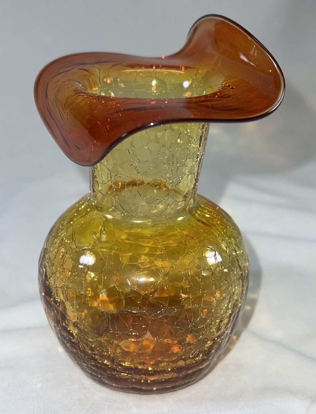 Amber Crackle Glass Vase Vintage MCM Hand Blown Glass Vase Classic 70's Glass