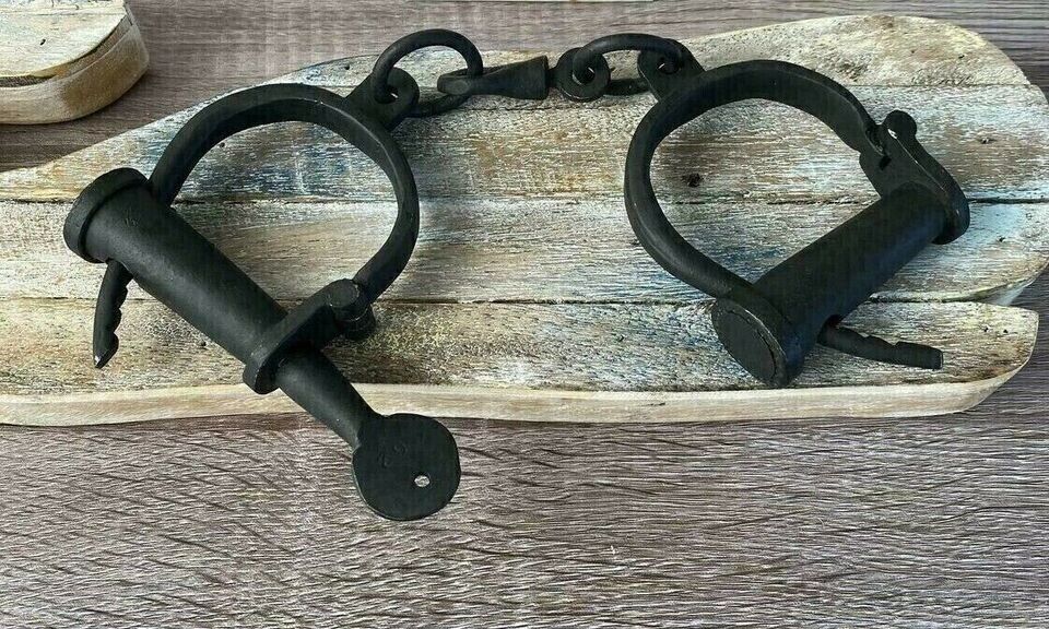 Old Vintage Antique Handcrafted Fine Iron Lock & Key Handcuffs