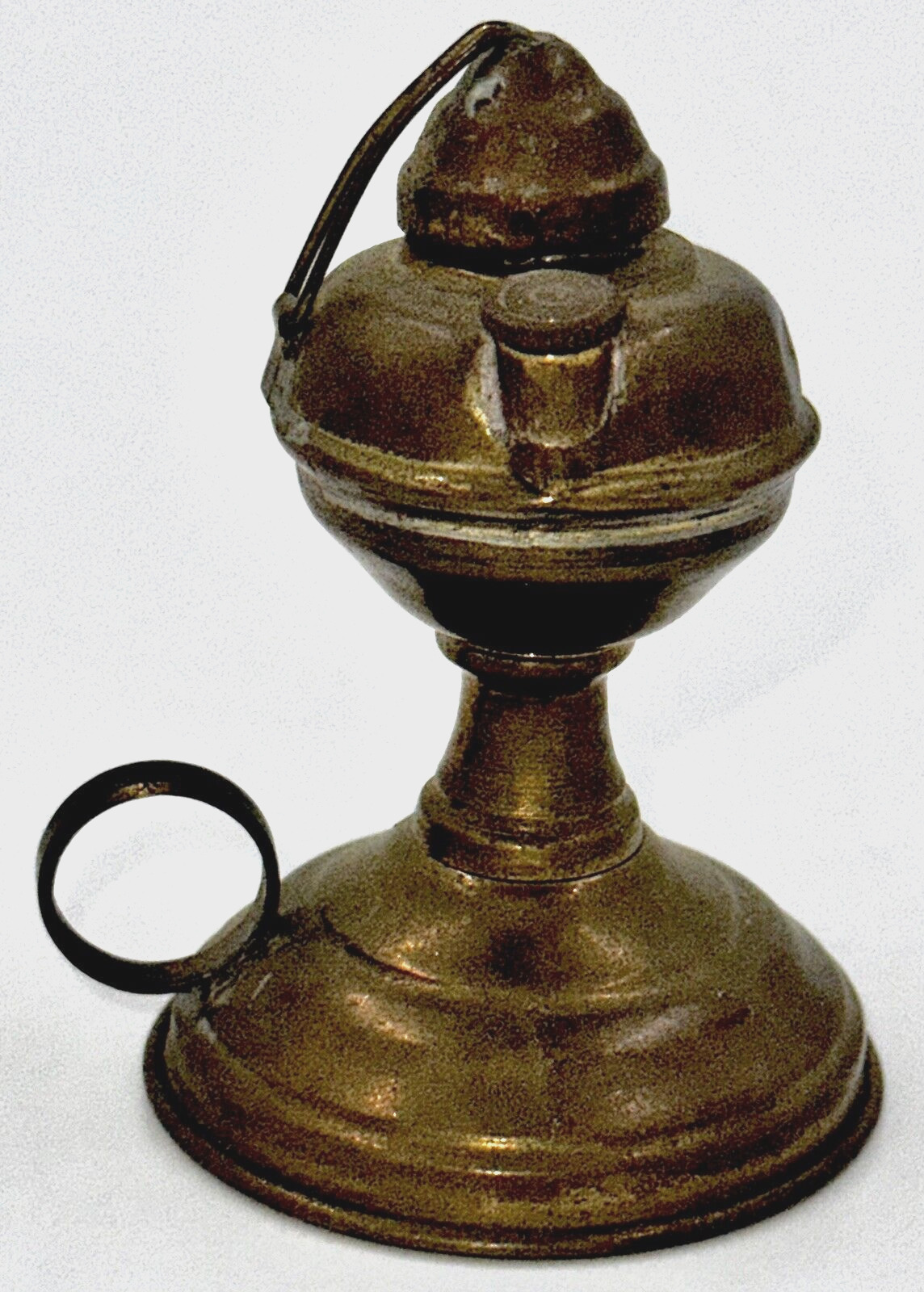 Antique Miniature Brass Whale Oil / Fluid Finger Lamp w/ Lid & Working Fuel Cap