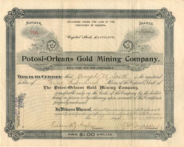 Potosi=Orleans Gold Mining Co. - Stock Certificate - Foreign Stocks