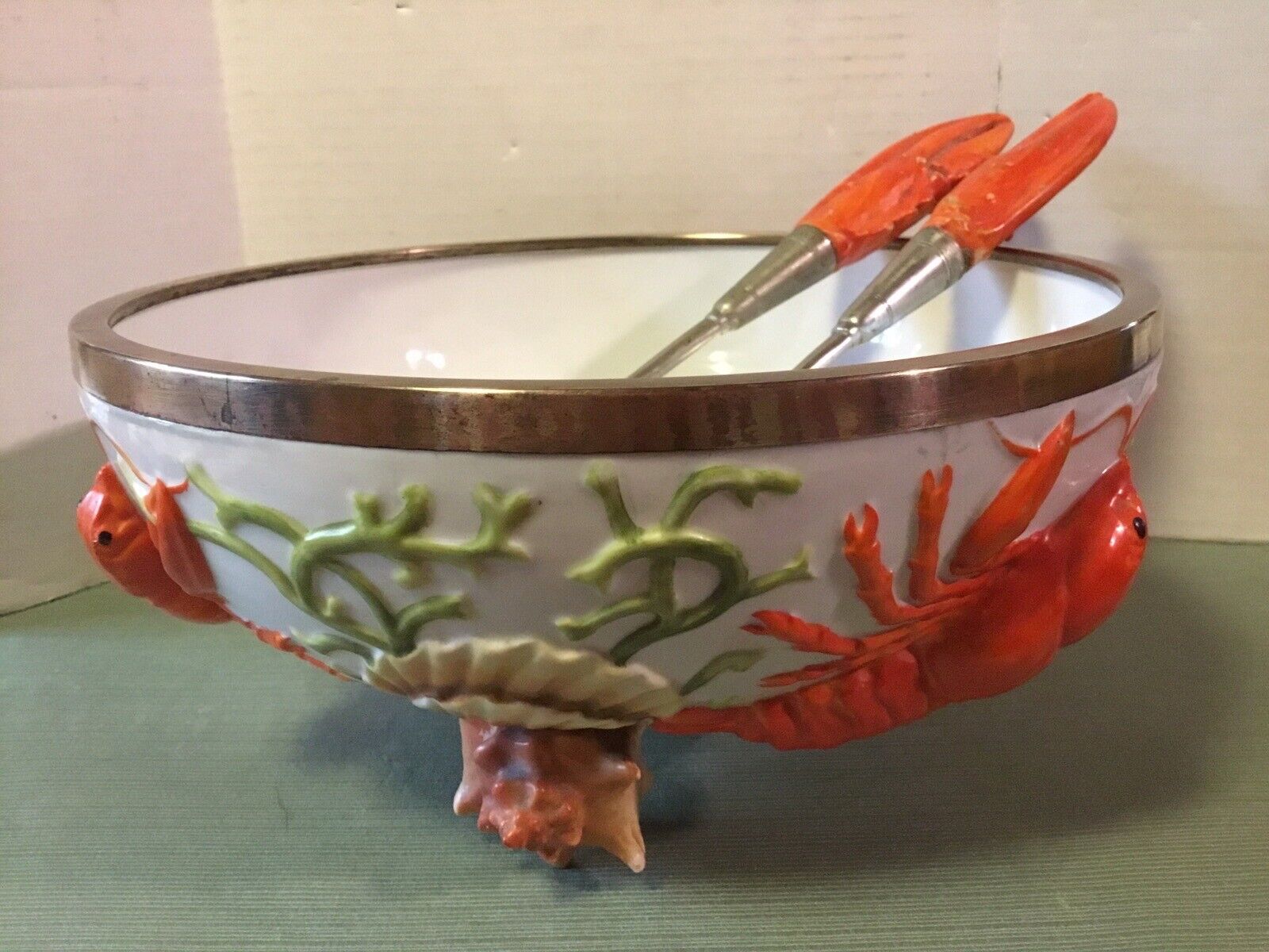 Antique Art Nouveau Musterschutz Lobster Sea Shell Serving Salad Bowl & Servers