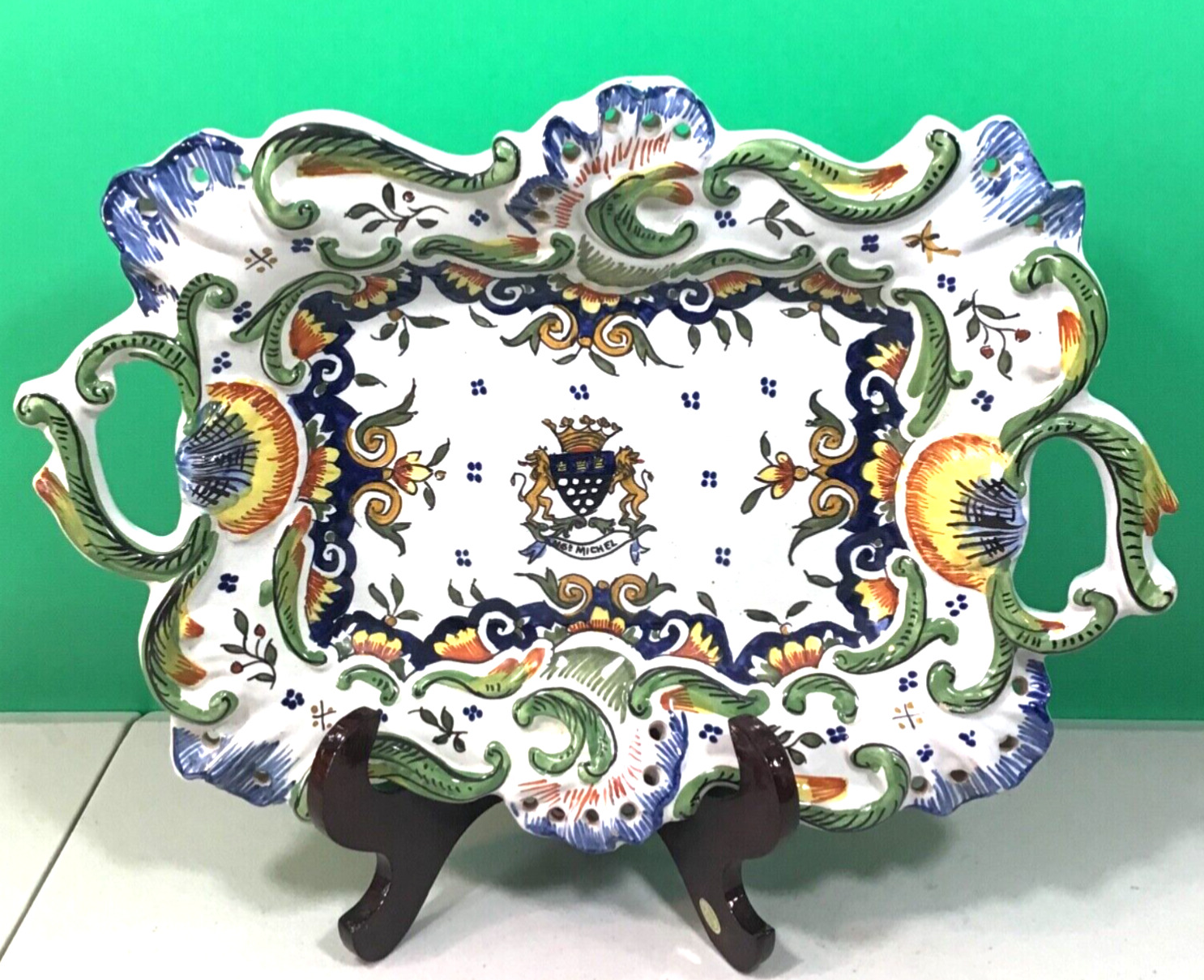 Antique Armorial Platter by Henri Delcourt From Desvres France Hand Painted