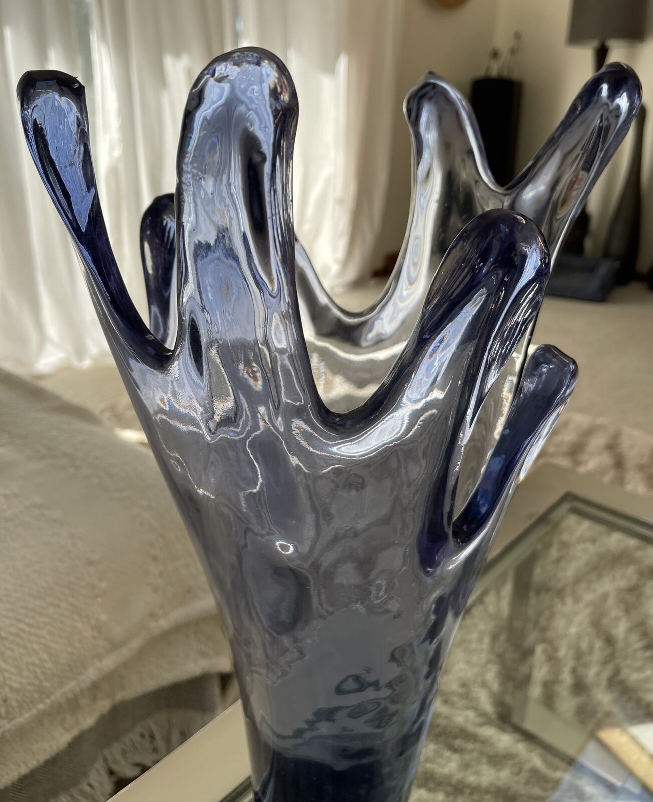 MCM VTG Finger Rim Cobalt Blue Swung Abstract Acrylic Unique Amazing Vase 20”