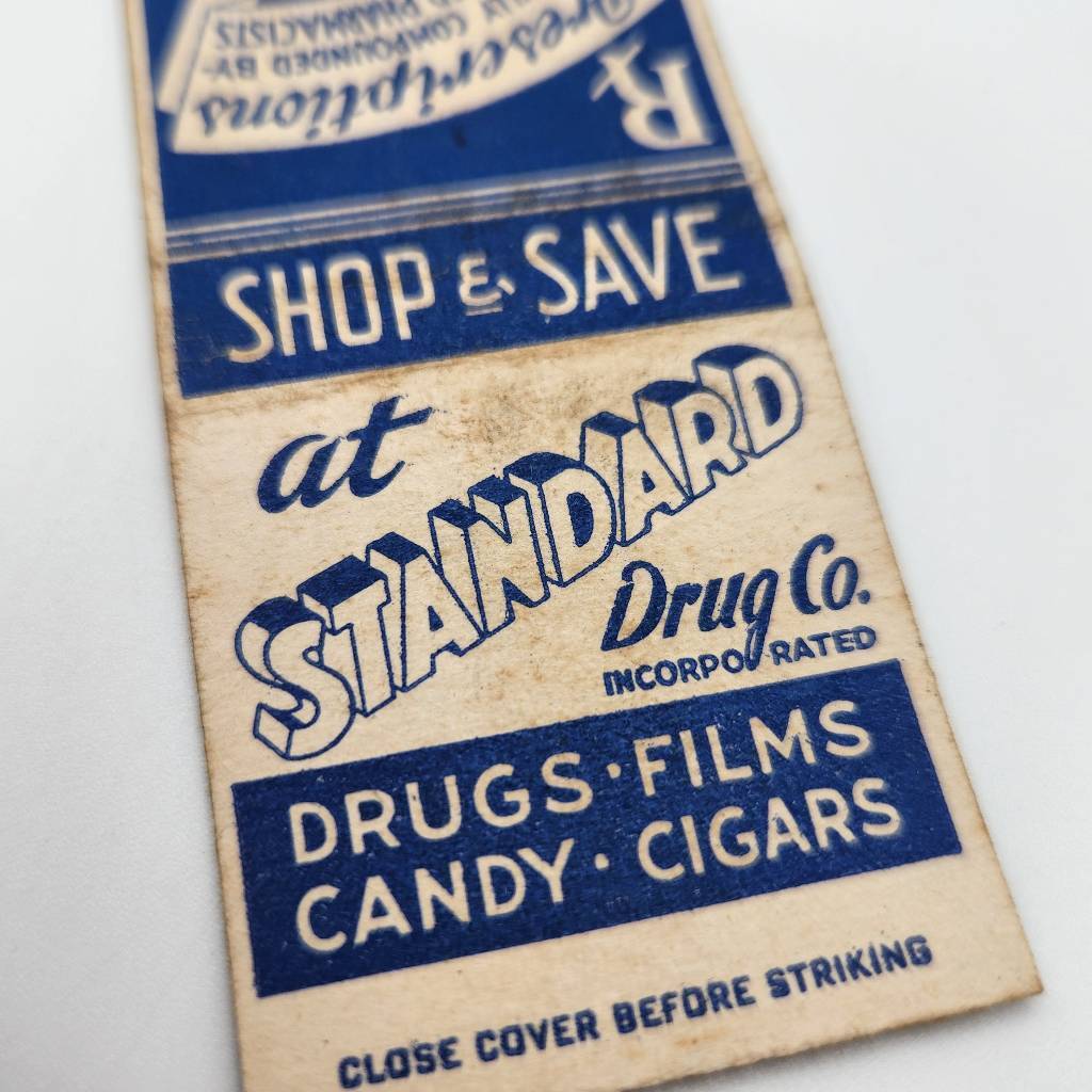 Vintage Matchcover Standard Drug Co. Films Candy Cigars Advertising
