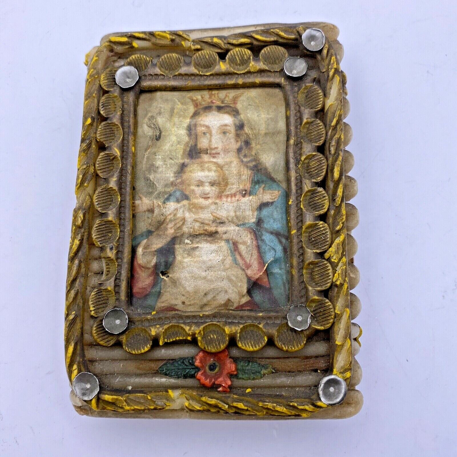 Antique German Wax Book Art w/ Image of Virgin Mary & Baby Jesus 5x3.25\