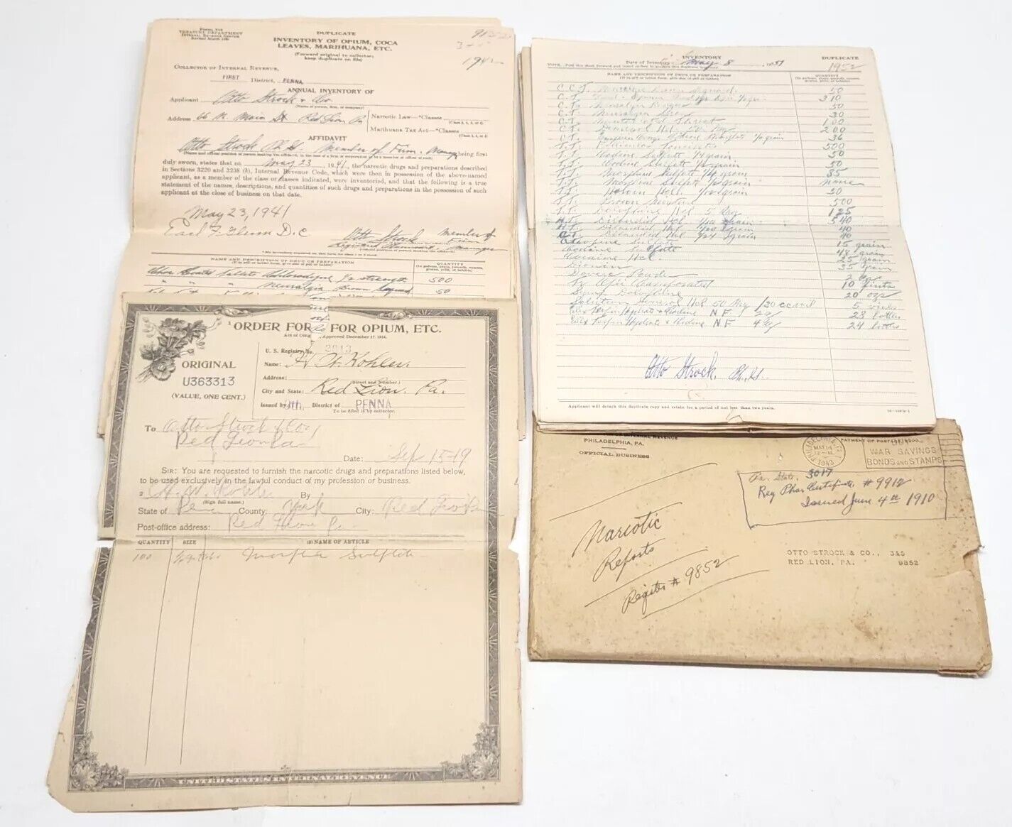 Treasury Dept IRS 30 Inventory of Opium Etc Forms & Original Envelope 1940s/50s