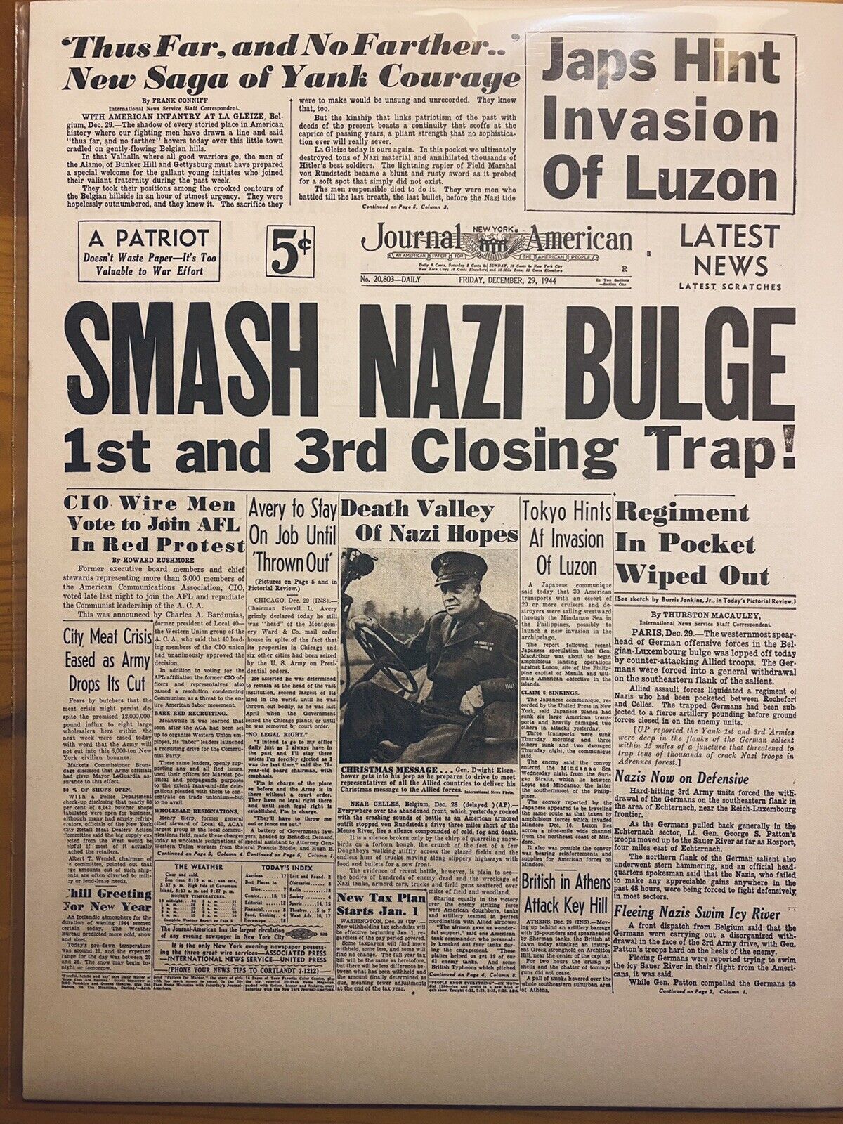 VINTAGE NEWSPAPER HEADLINE ~WORLD WAR 2 BATTLE OF THE BULGE  RETREAT 1944