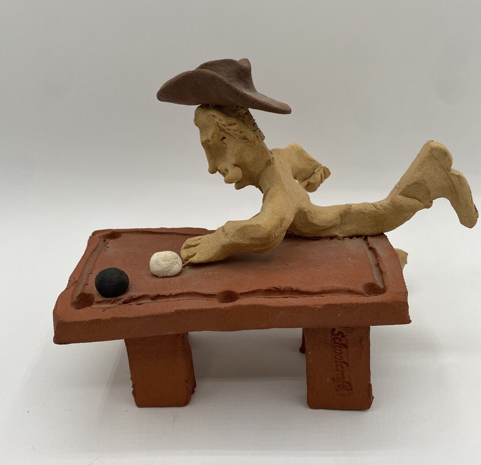 Tom Schoolcraft Cowboy Sculpture Playing Pool Billiards With Table, Cue, & Balls