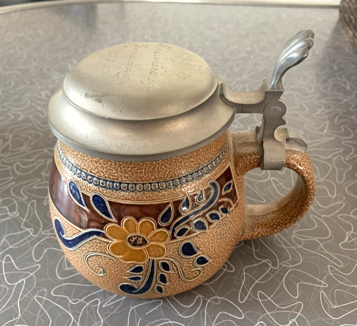 MERKELBACH beer mug stoneware salt glaze w/ pewter lid 1998 memories of Germany