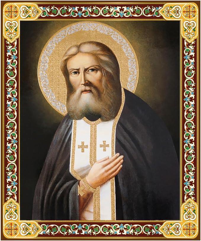 Ornate Patron Saint Seraphim Wooden Medium Orthodox Religious St Icon 4.75 Inch
